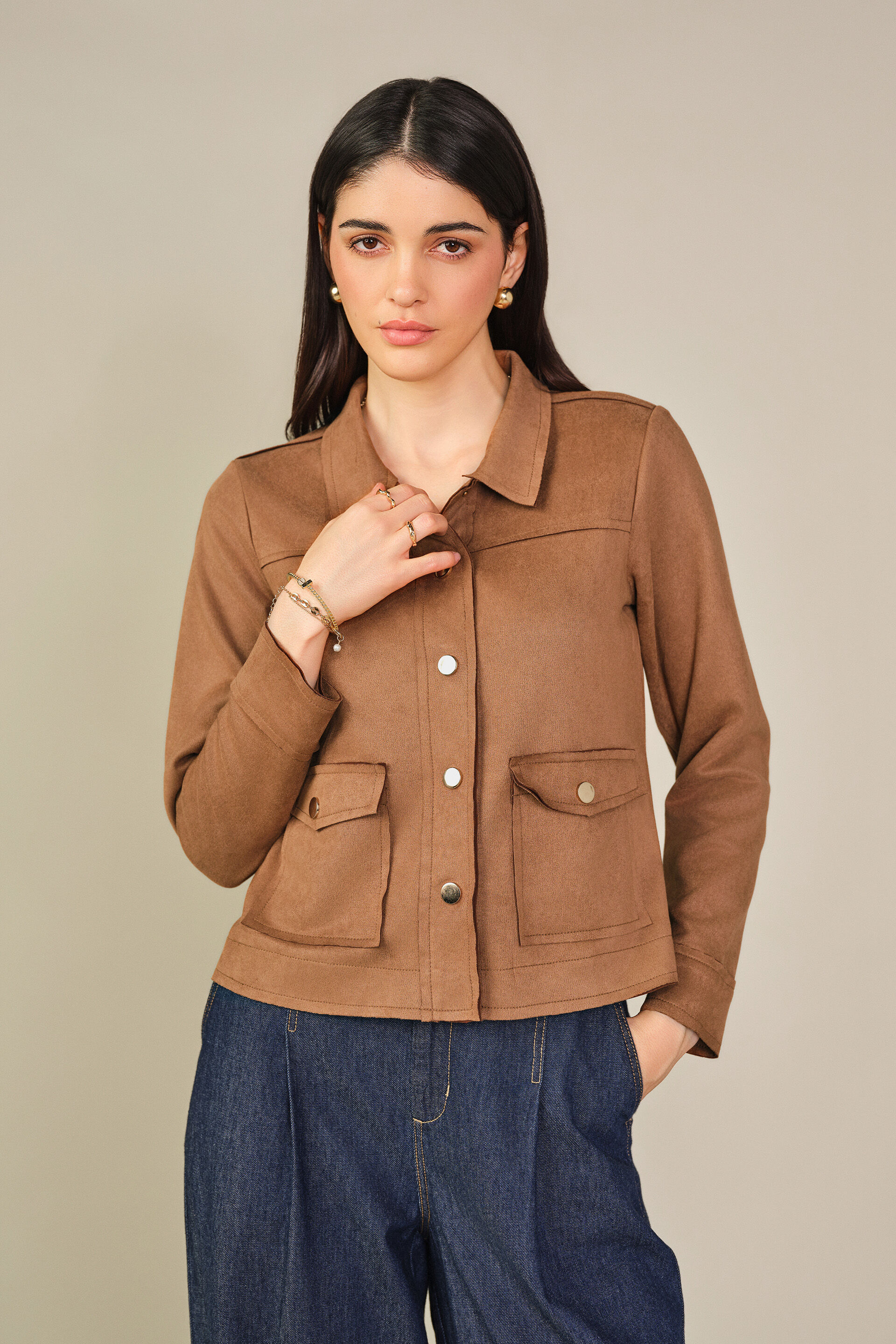 Solid Suede Jacket in Brown