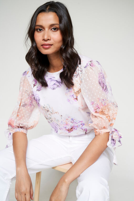 Peach And Orange Floral Flounce Top, Peach, image 1