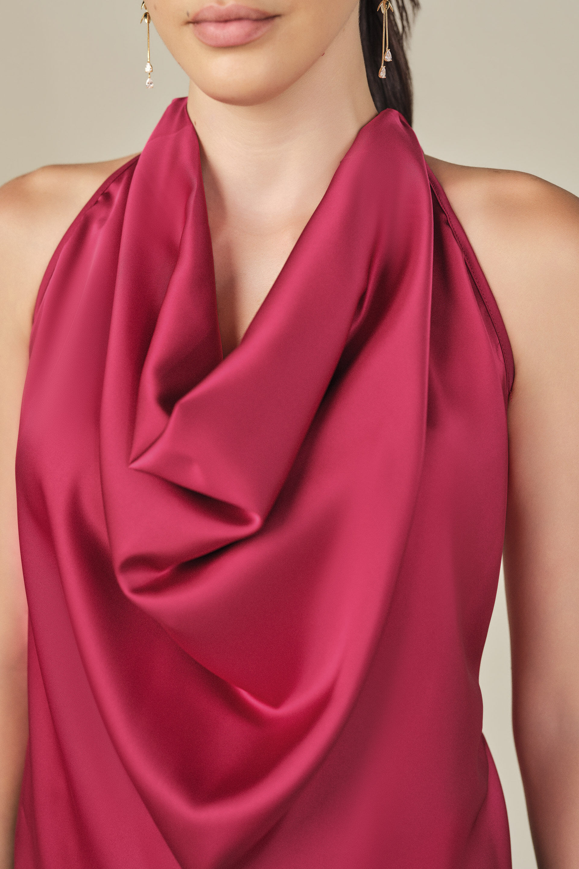 Cowl Neck Satin Top in Red, Red, image 2
