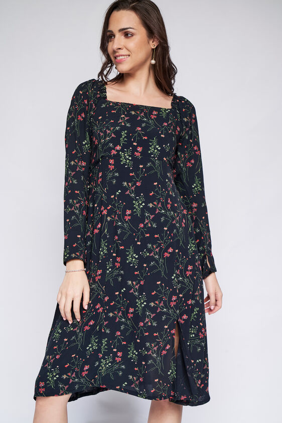 Black Floral Fit and Flare Dress, Black, image 2