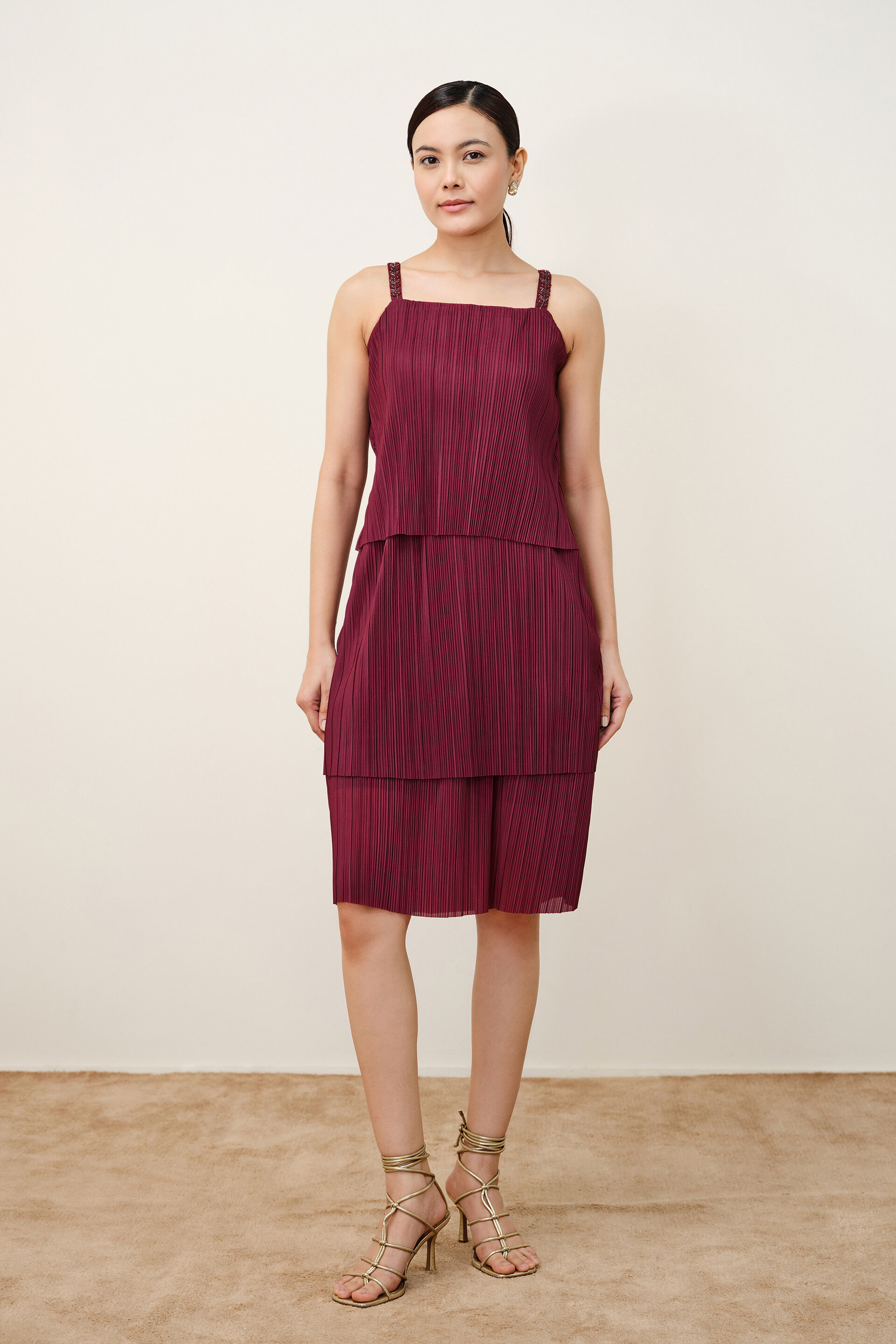 Wine Tiered Pliss&eacute; Dress