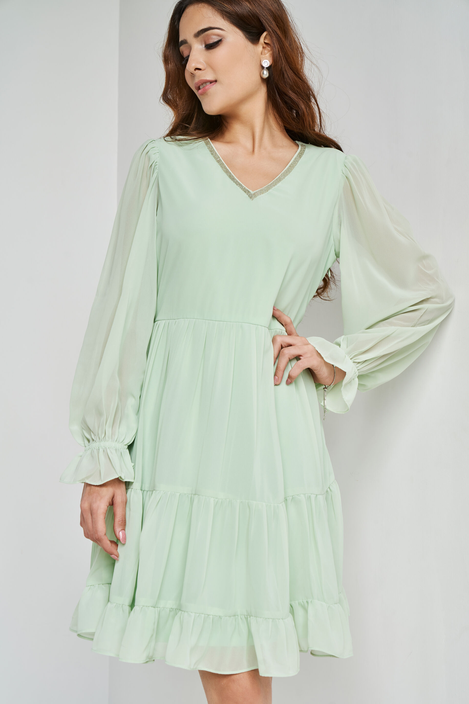 Light Green Knee Length Flared Fit And Flare Dress