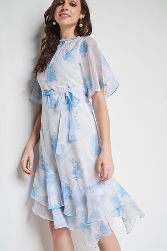 White and Blue Floral Asymmetric Dress, White, image 1
