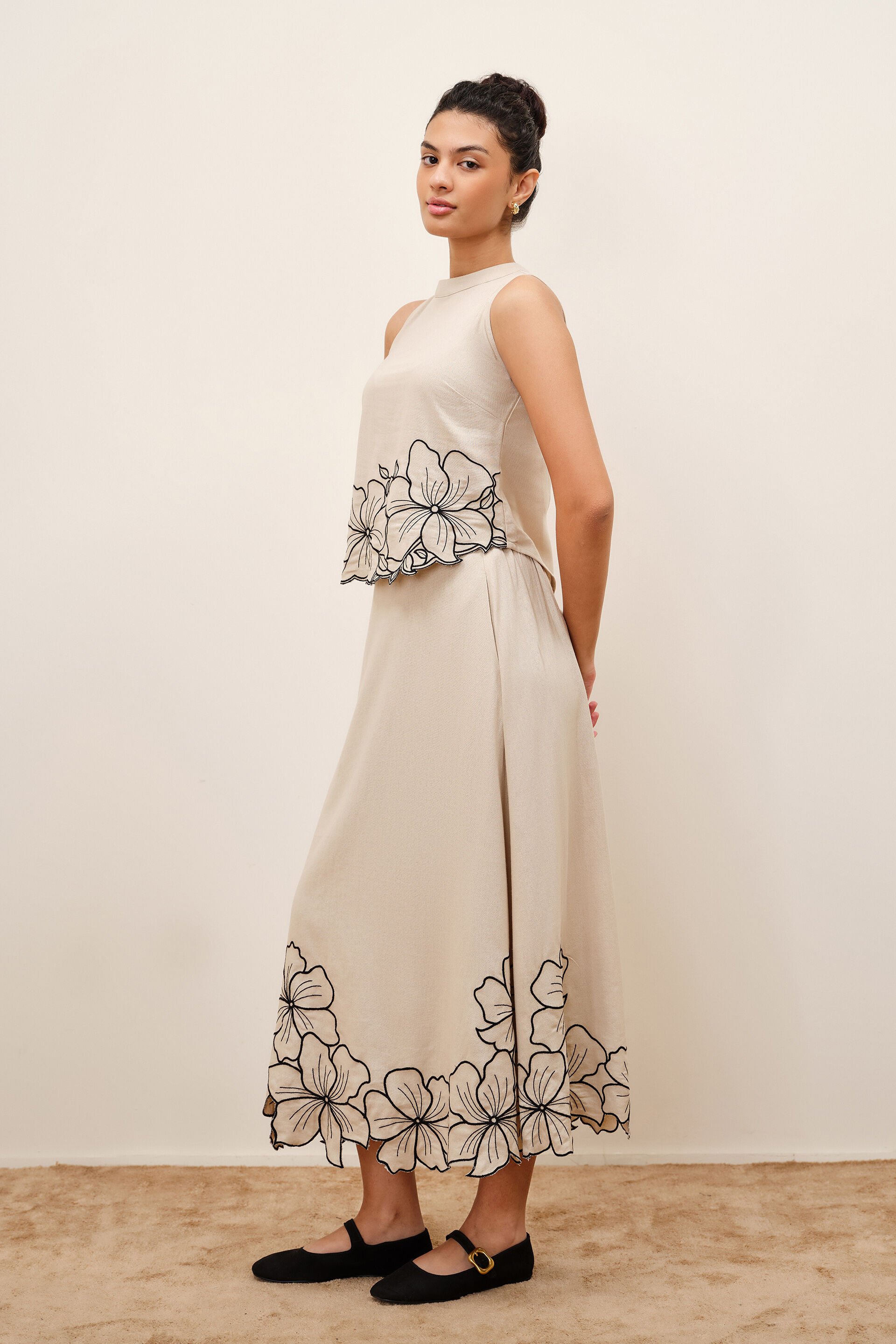 Natural Flora Embroidered Skirt Set, Beige, image 3