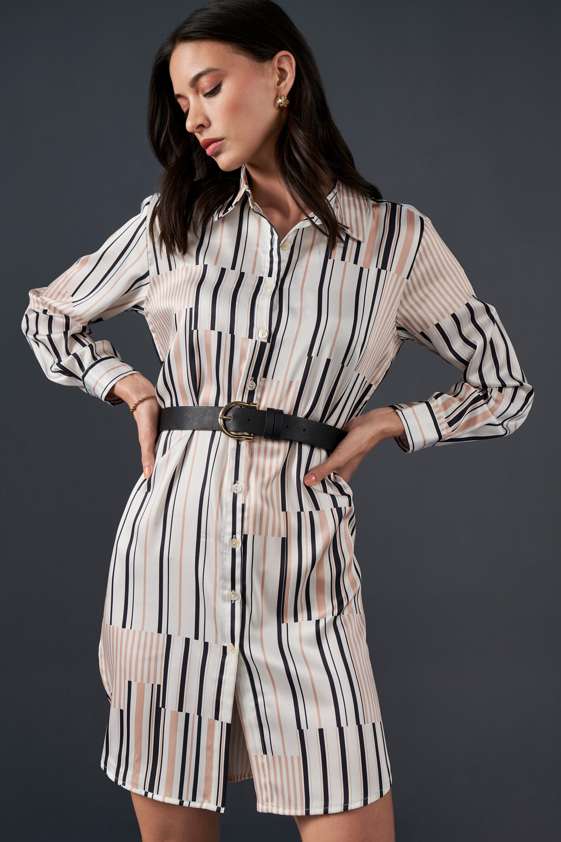Play on Stripes Shirt Dress, Beige, image 3