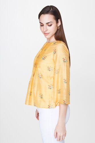 3 - Yellow Floral Pleated Round Neck Peplum Top, image 3
