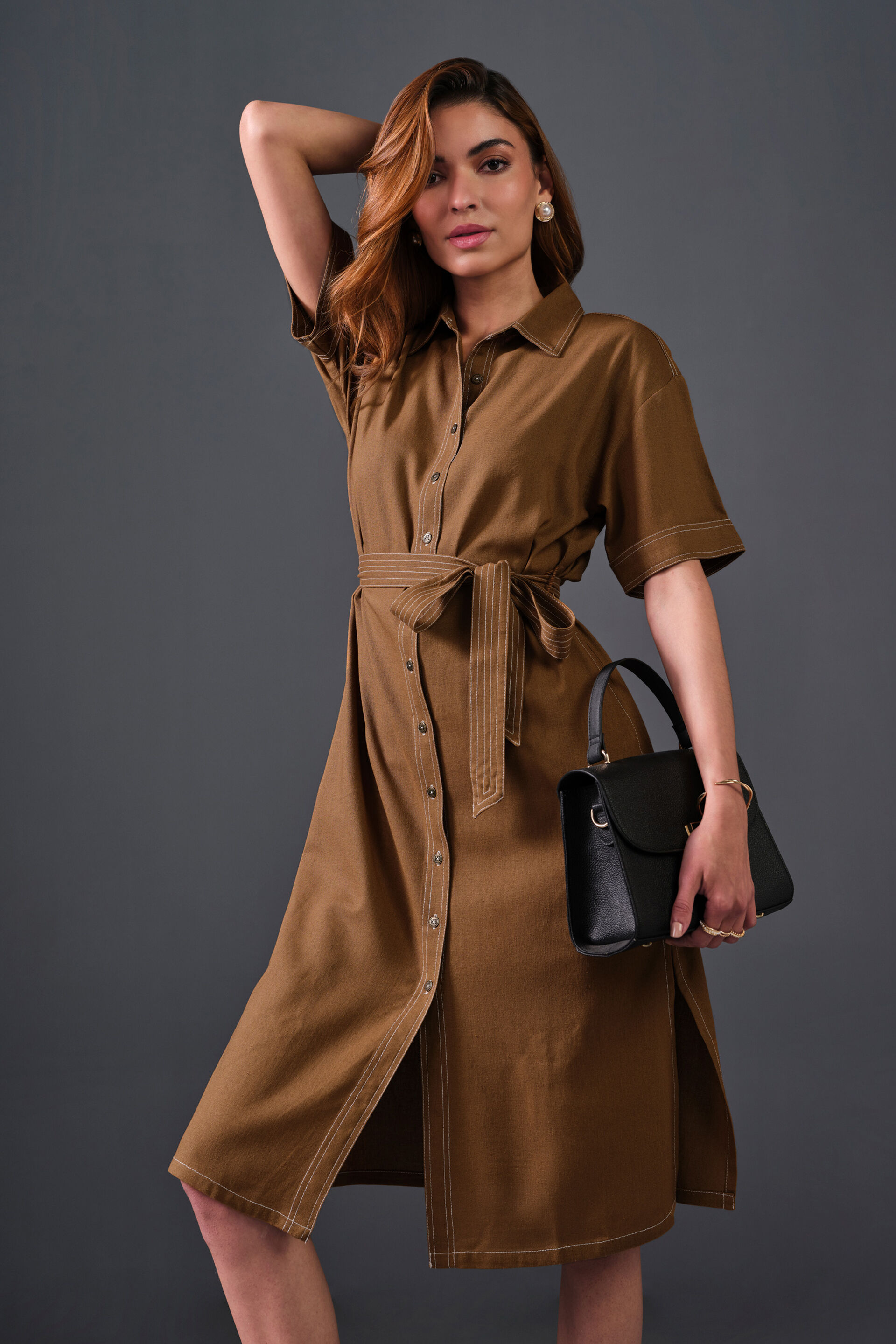 High On Contrast Rayon Dress, Brown, image 6