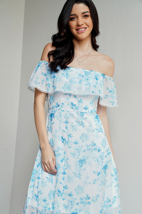 White And Blue Floral Flared Gown, White, image 1