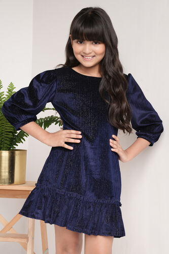 Navy Blue Solid Flounce Dress, Navy Blue, image 6