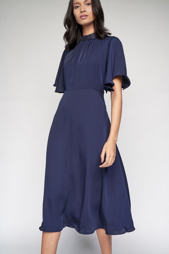 3 - Navy Blue Solid Fit and Flare Dress, image 3
