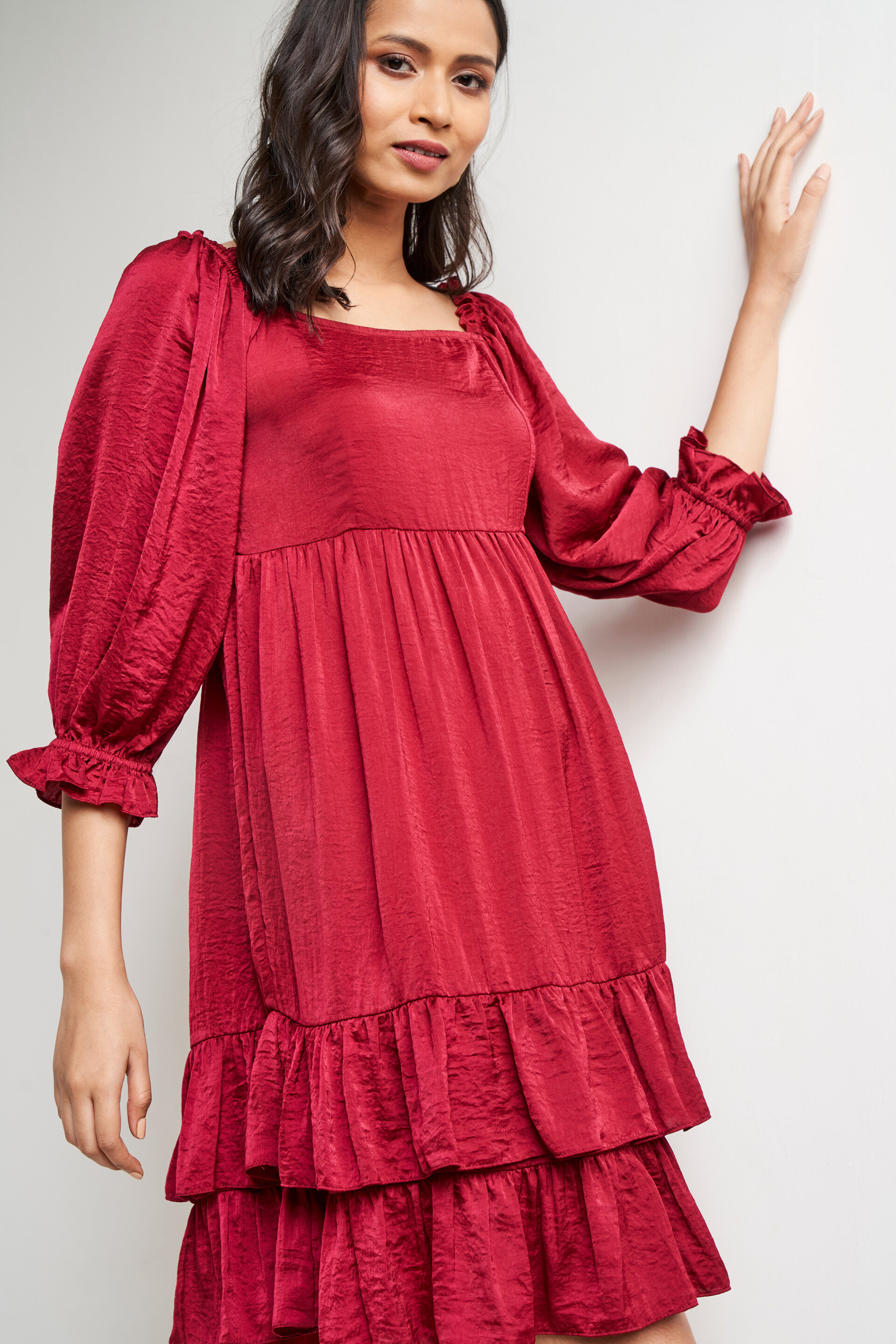 Dark Red Solid Flounce Dress, Red, image 3