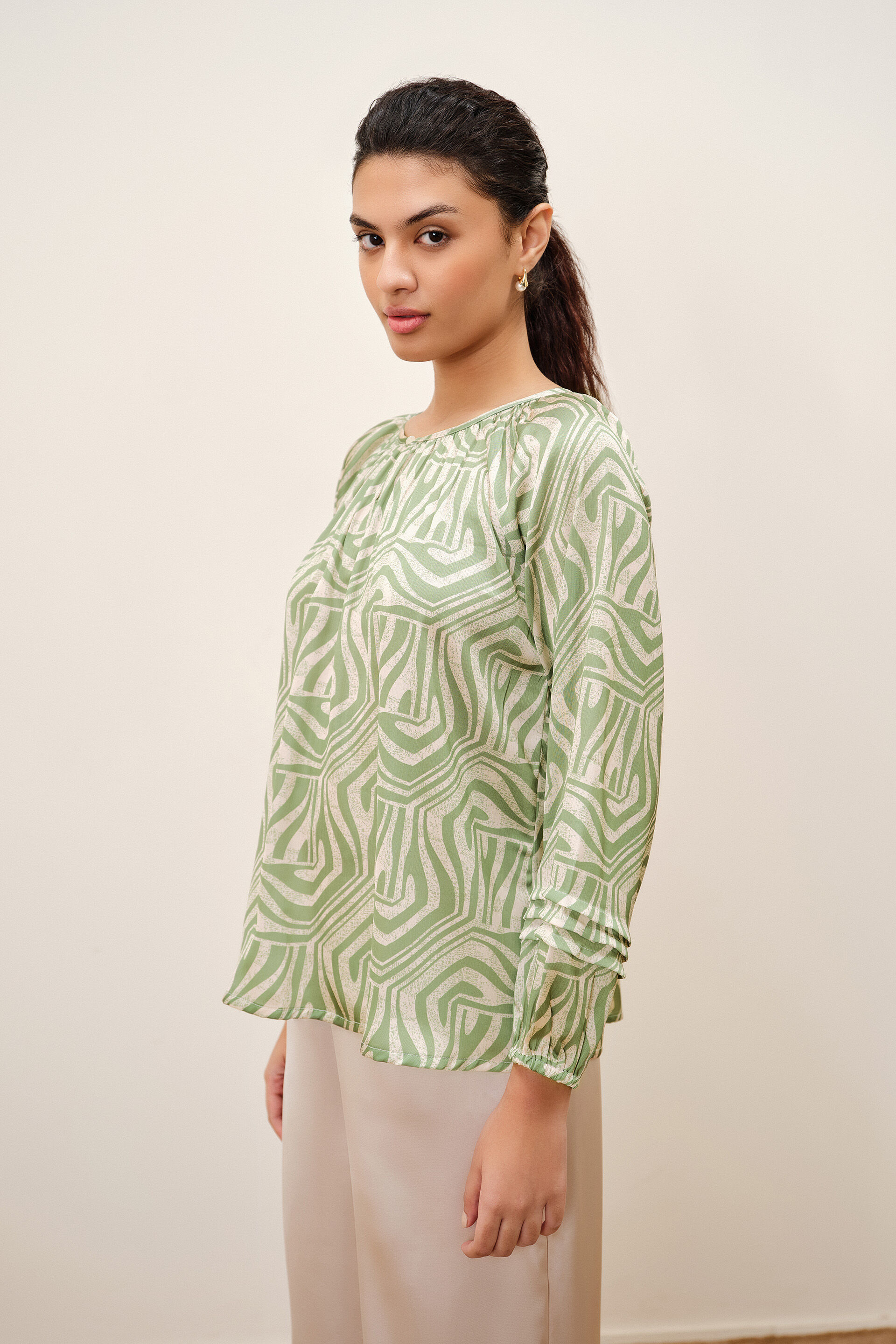 Sage Pleated Satin Top, Green, image 4