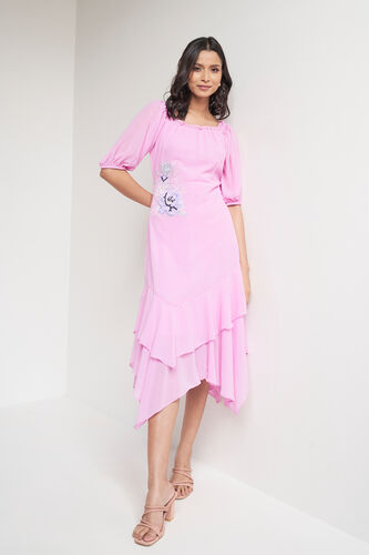 Pink Solid Asymmetric Dress, Pink, image 1