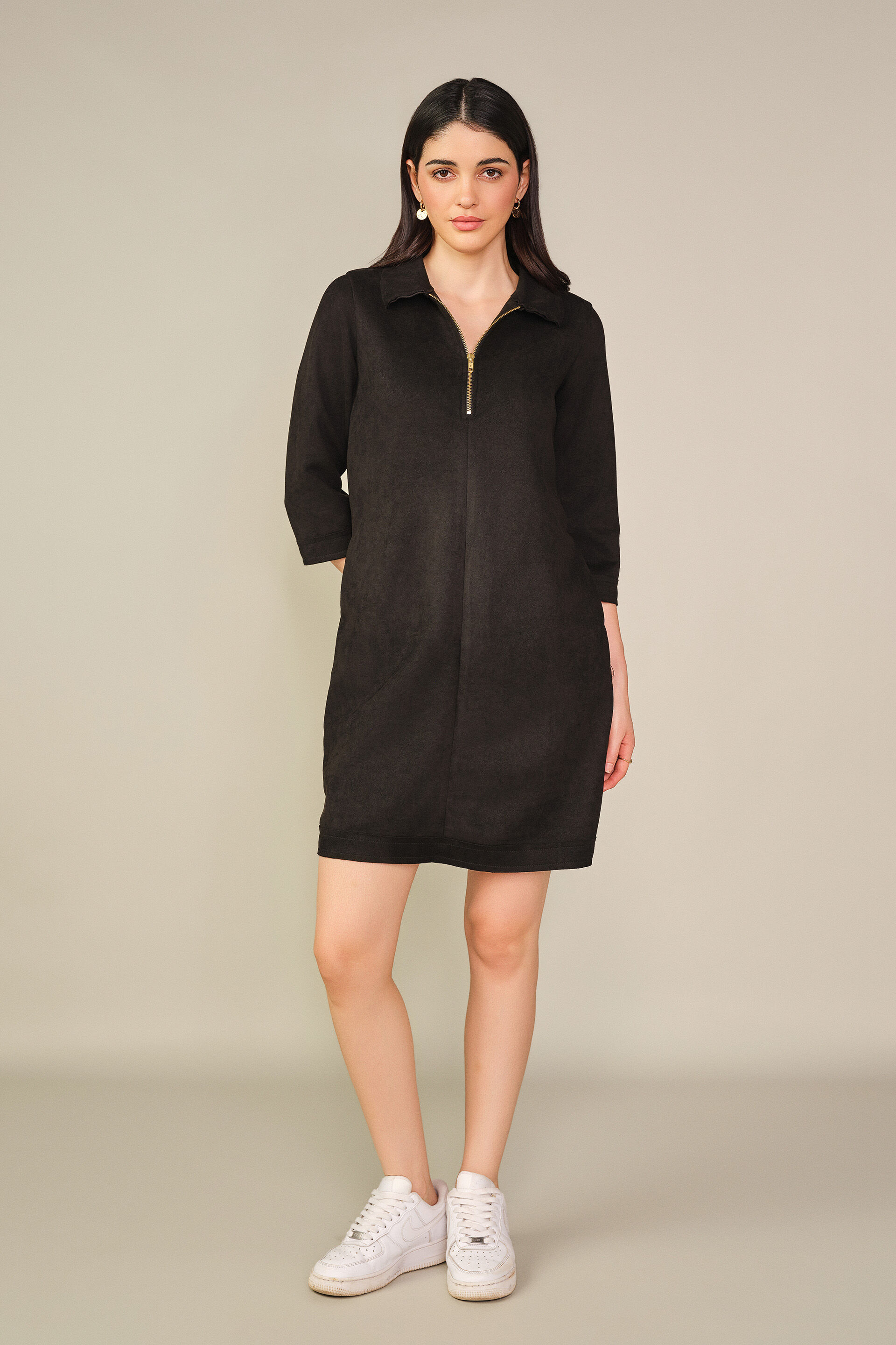 Solid Suede Mini Dress in Black, Black, image 5