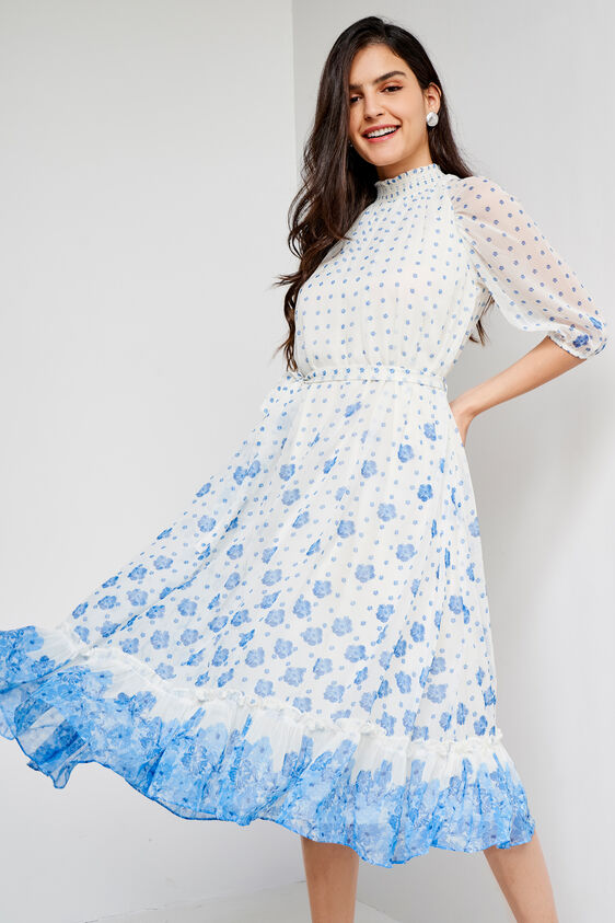 Blue and White Floral Flared Dress, Blue, image 1