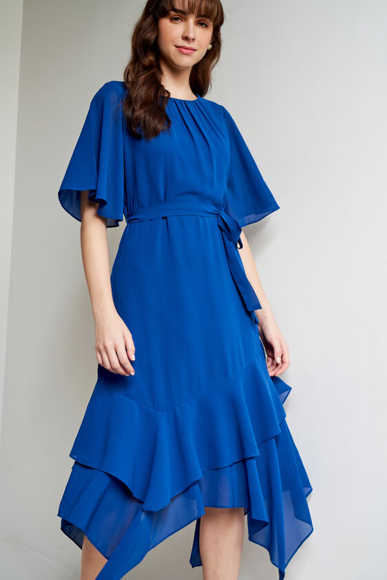 Navy Solid Asymmetric Dress, Navy Blue, image 1