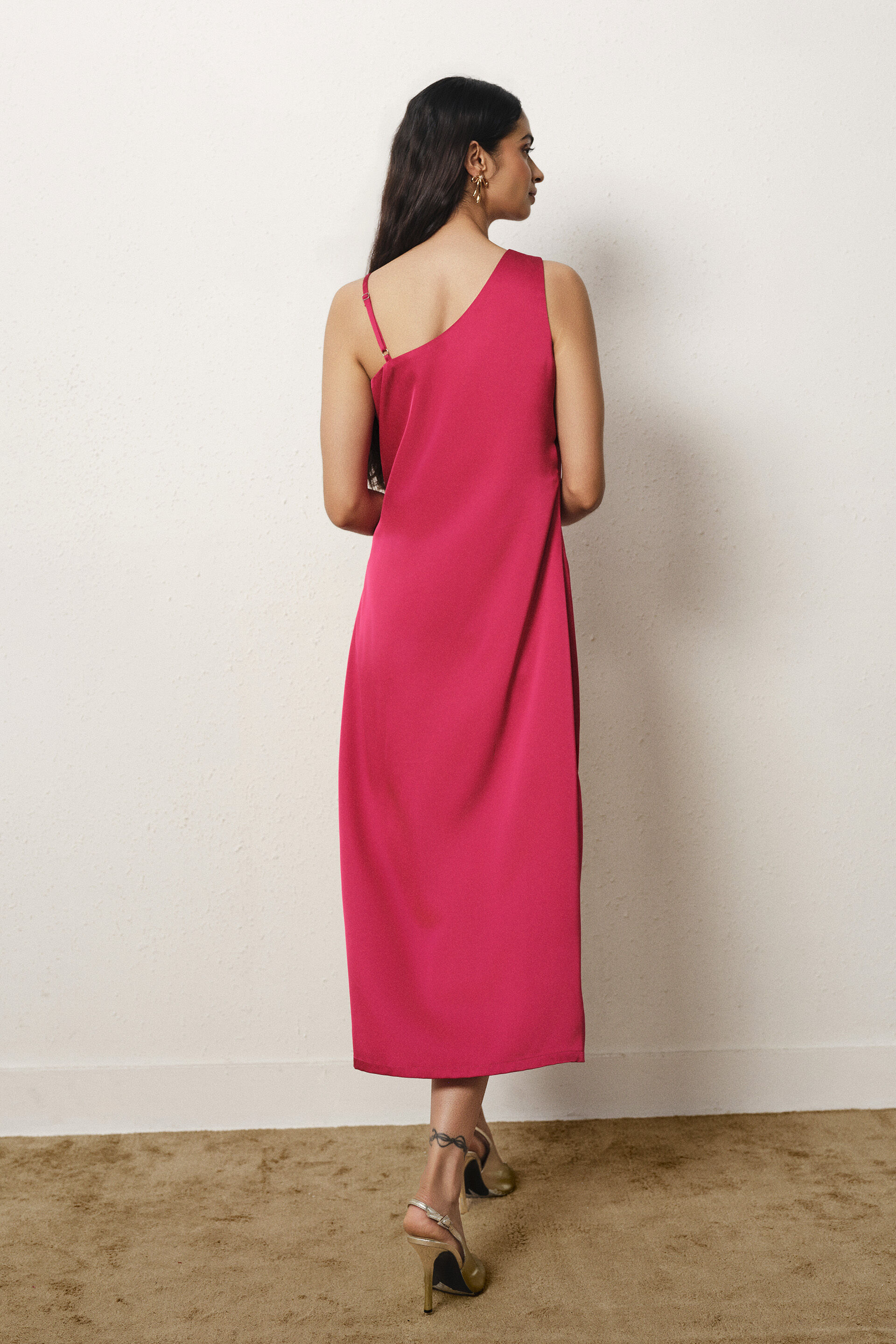 One-shoulder Satin Midi Dress in Red, Red, image 6