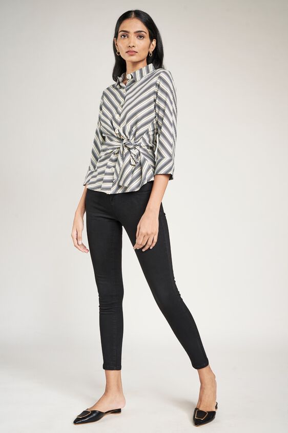 1 - Black and White Striped Printed Fit And Flare Top, image 1