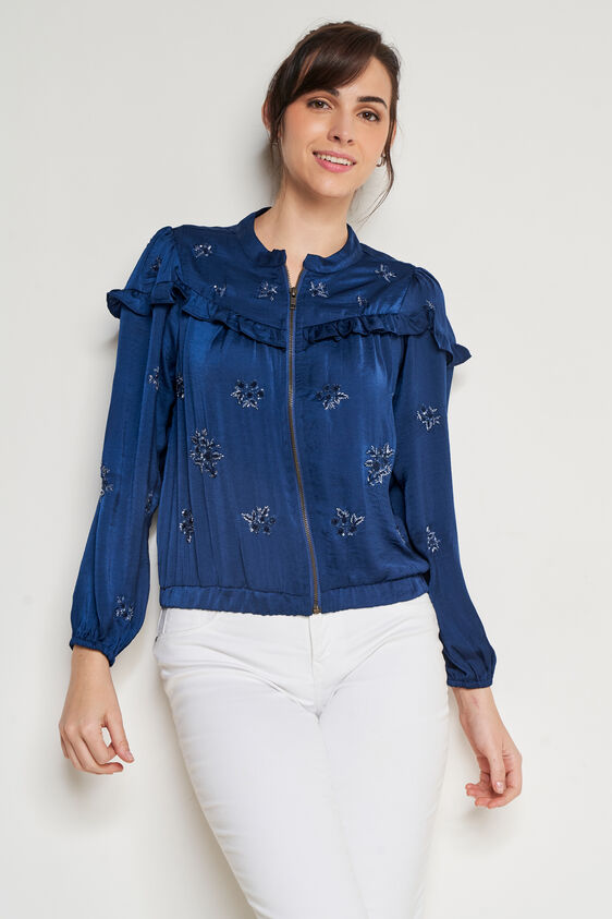 Blue Solid Mandarin Collar Jacket, Blue, image 1