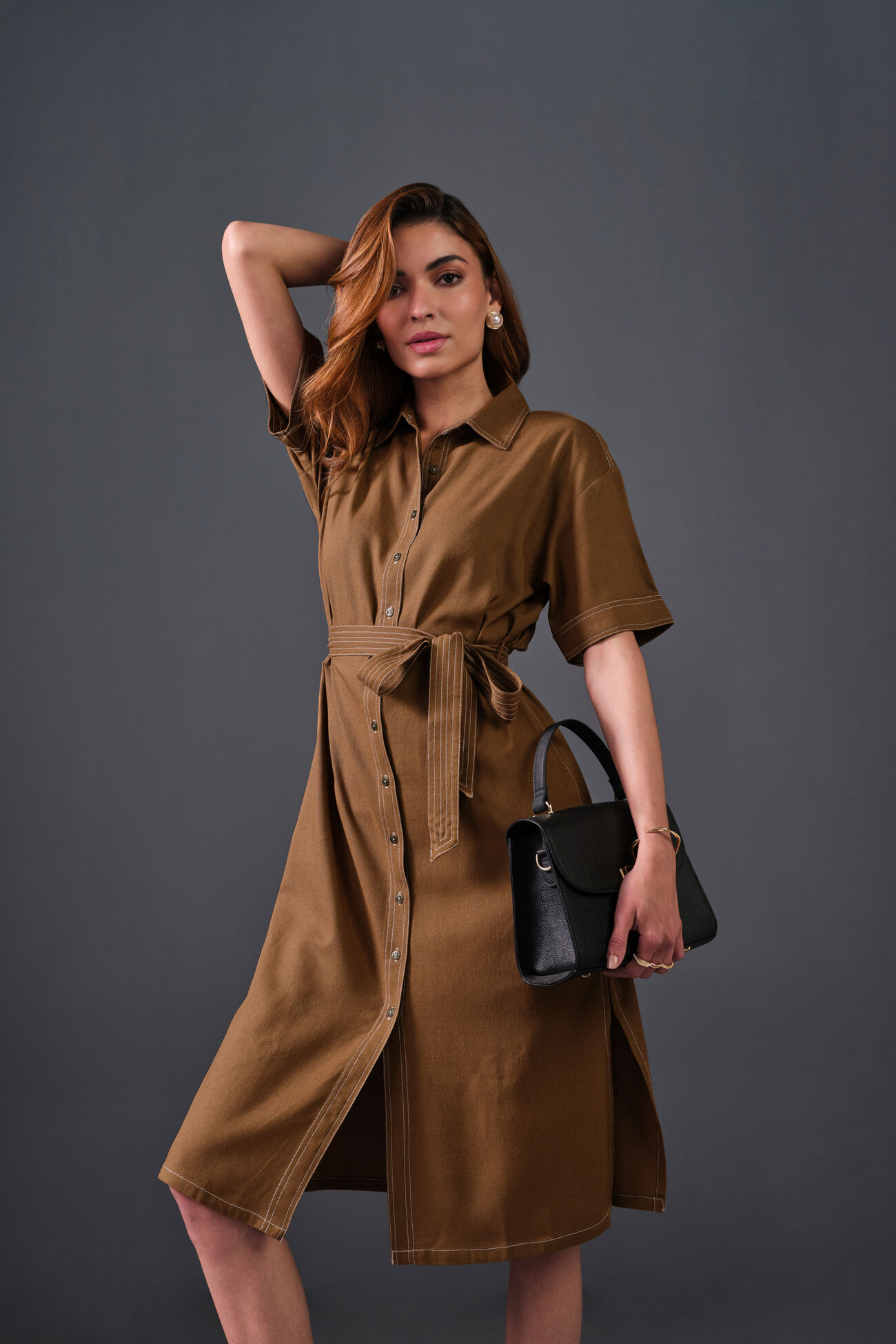 High On Contrast Rayon Dress, Brown, image 6