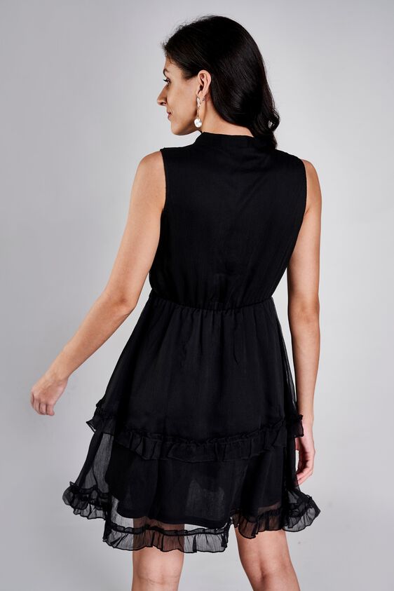 4 - Black Ruffles Band Collar Fit and Flare Short Dress, image 4
