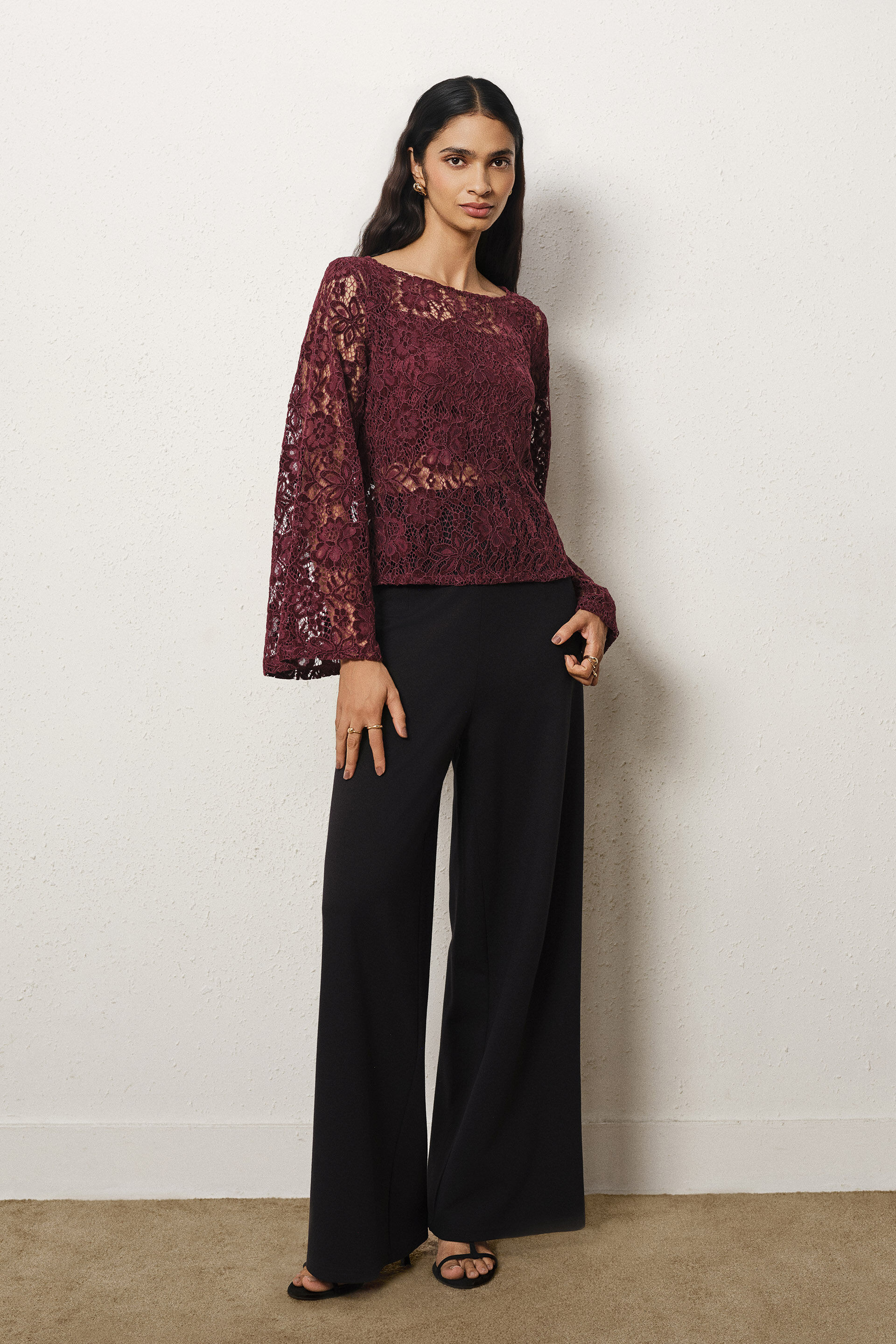 Lace Full Sleeves Top in Wine, Wine, image 4