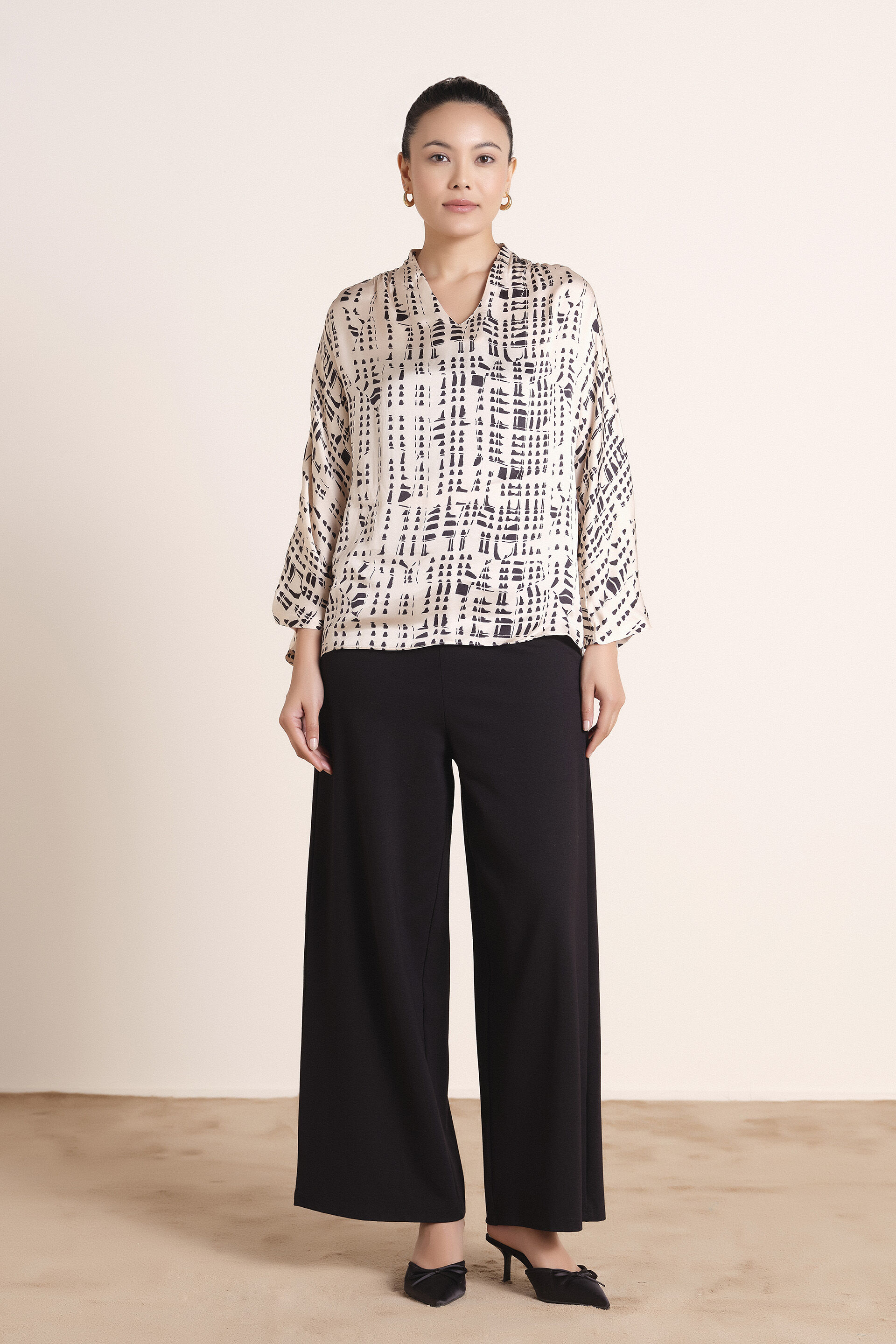 Printed Beige Modal Satin Top, Black, image 2