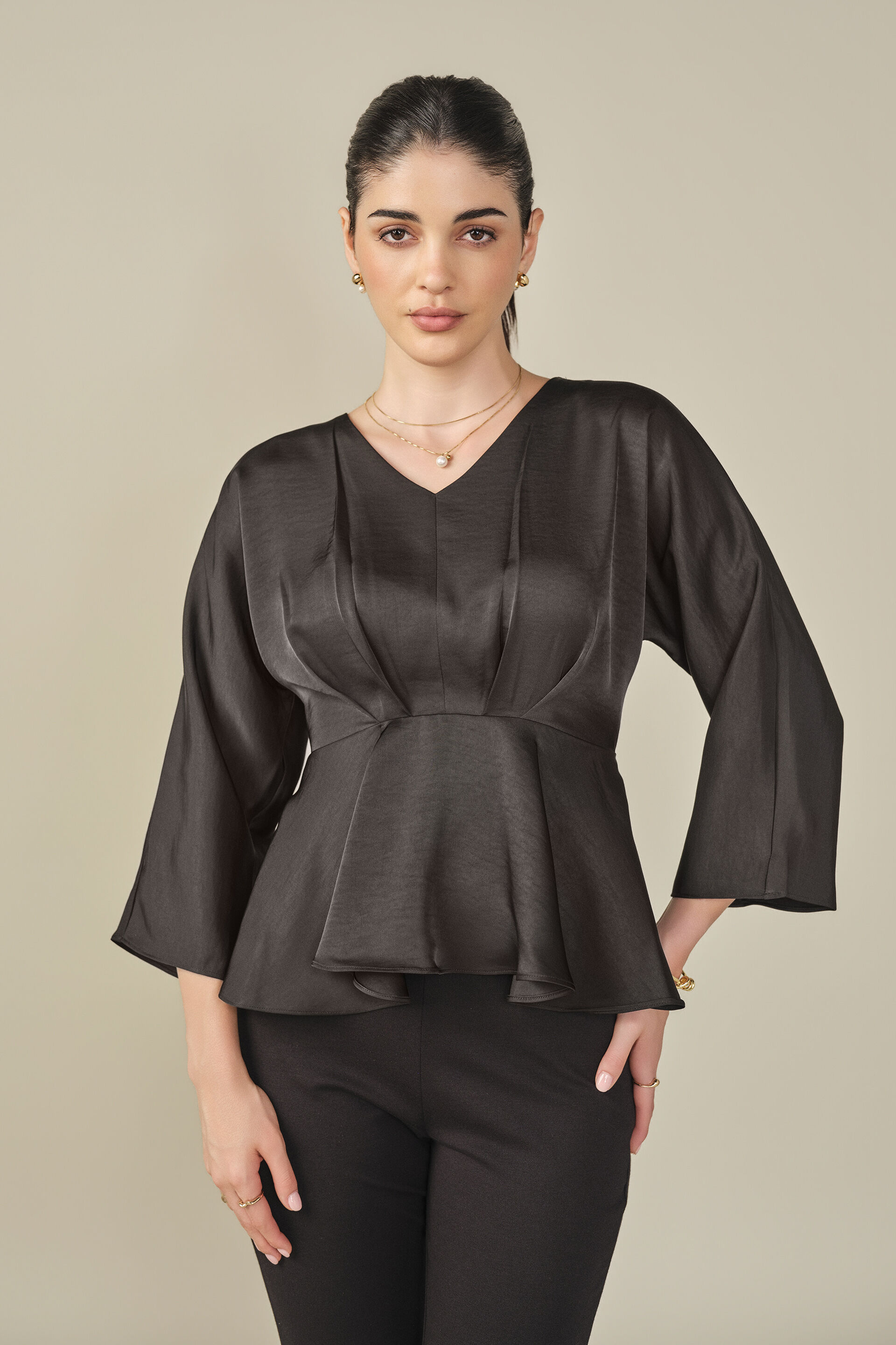Fit & Flare Satin Top in Black, Black, image 1