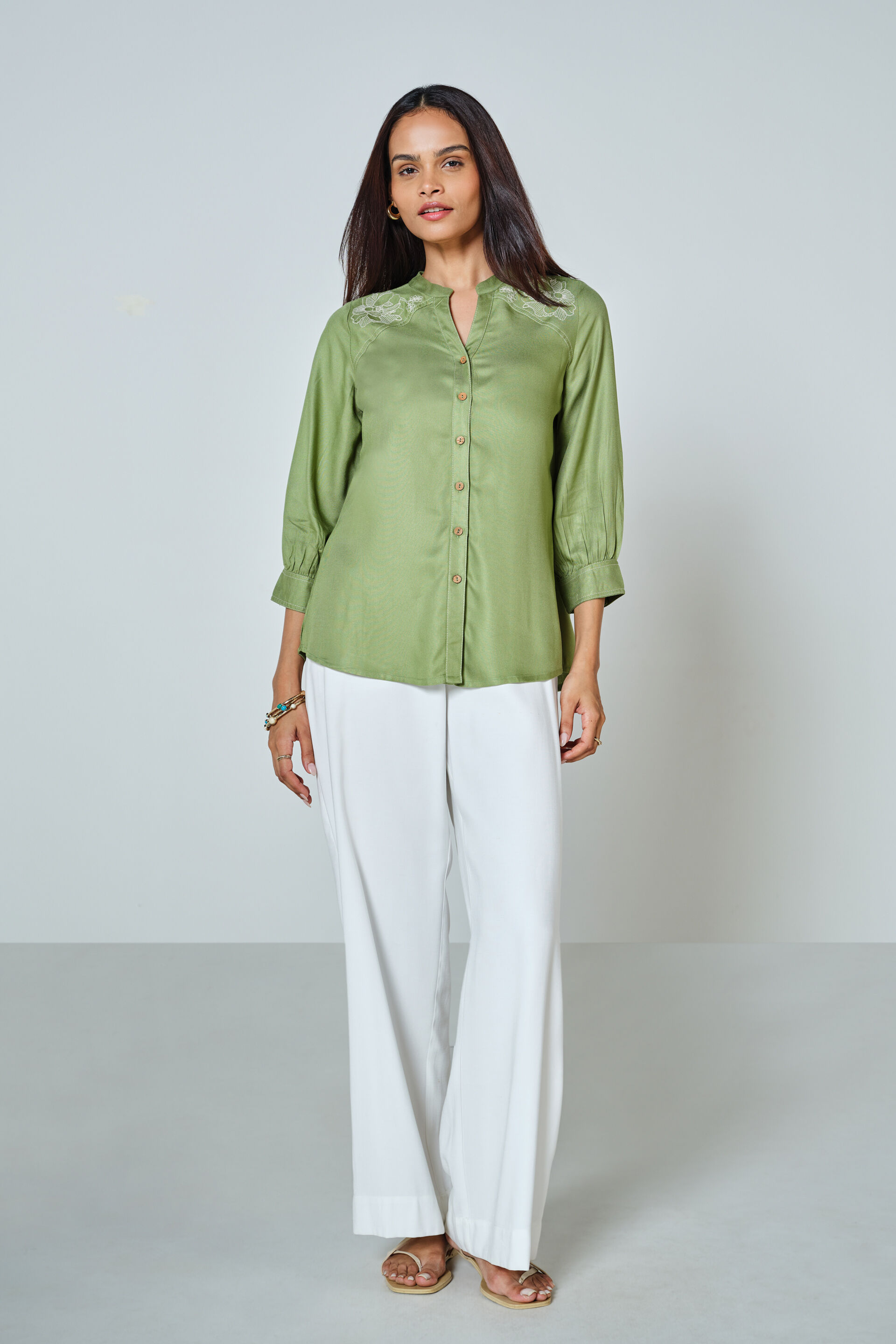 Teresa Embroidered Shirt, Sage Green, image 2