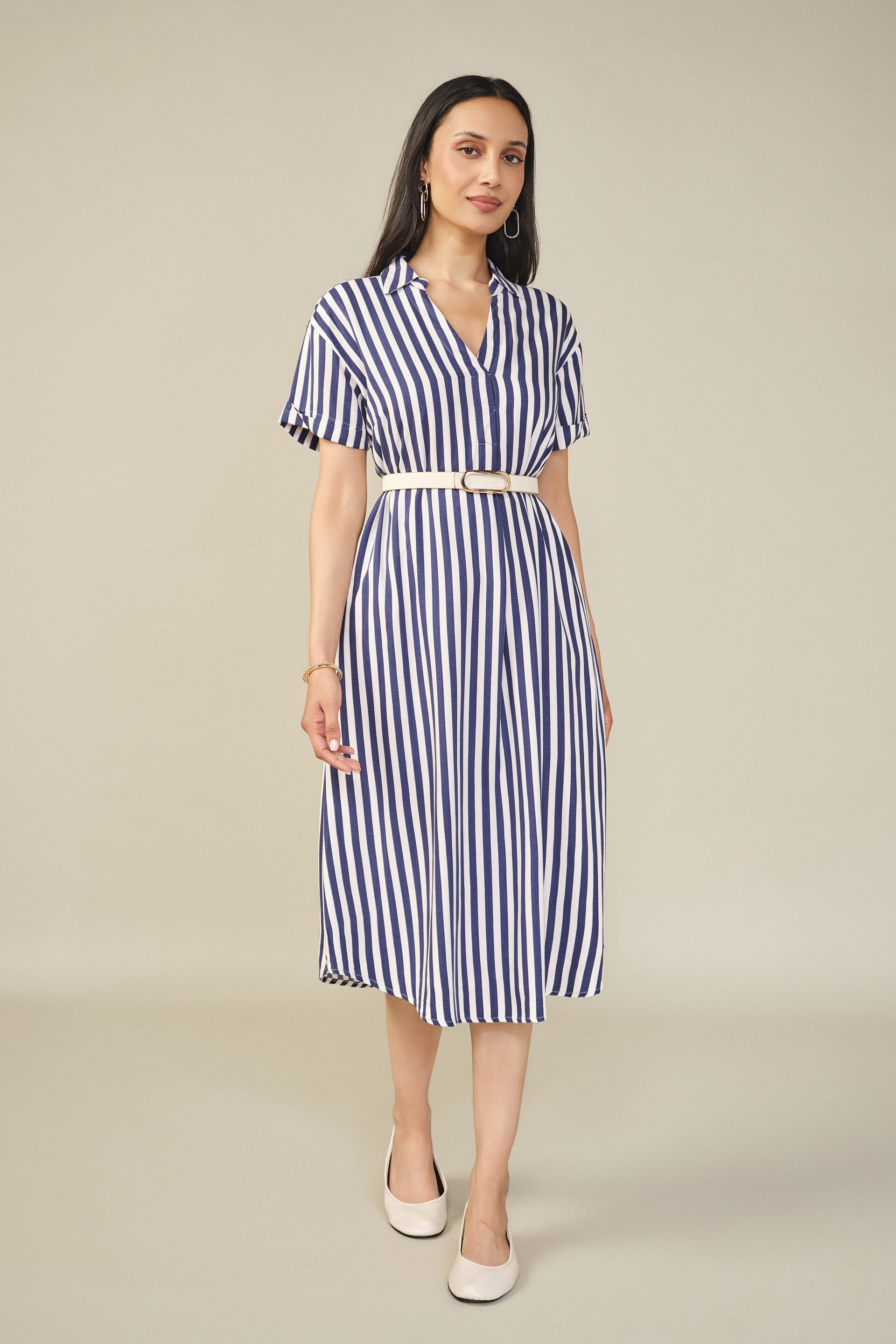 Striped Midi Dress in Navy, Navy, image 3