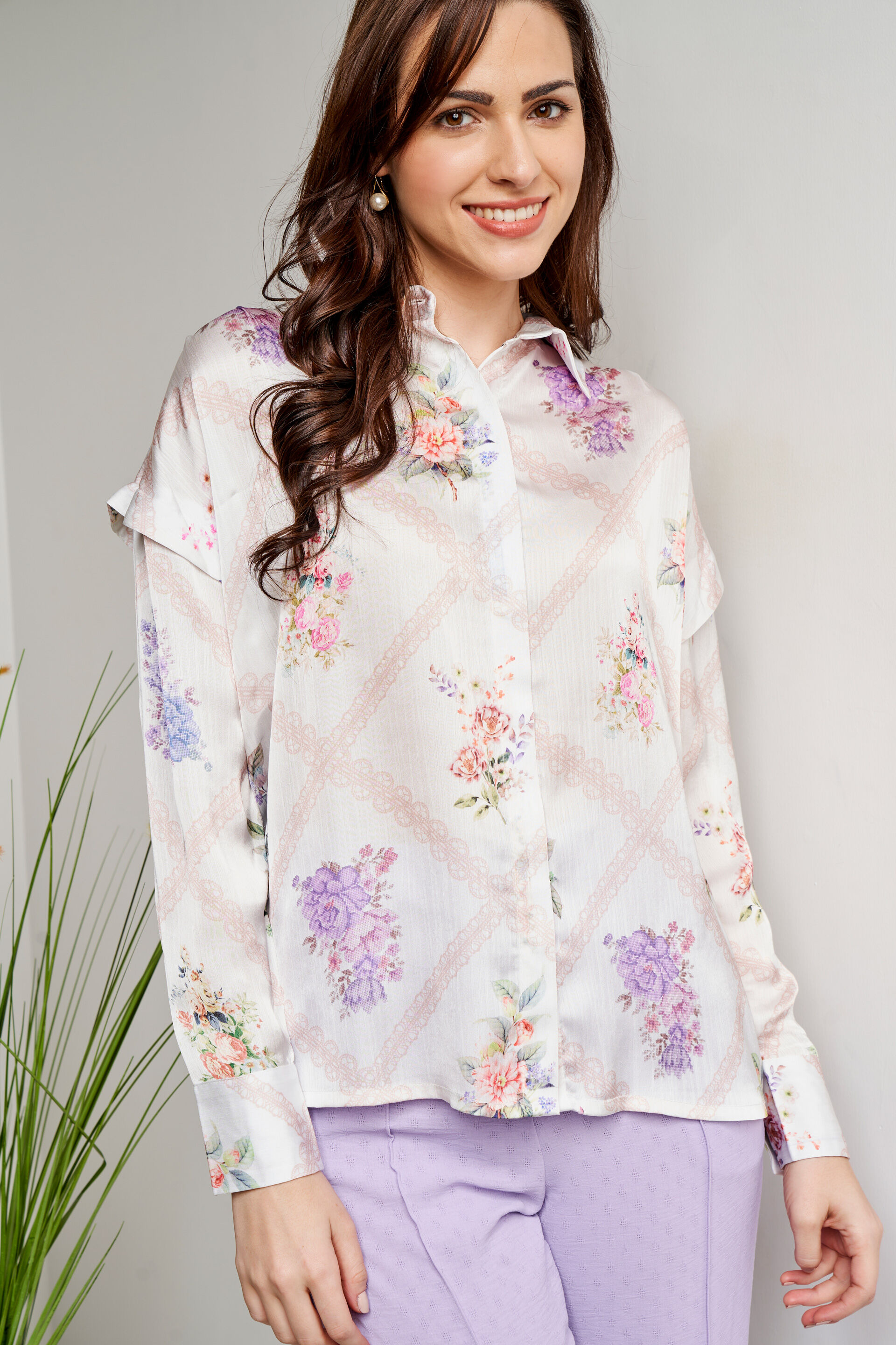 Cream Floral Shirt Style Top, Cream, image 1