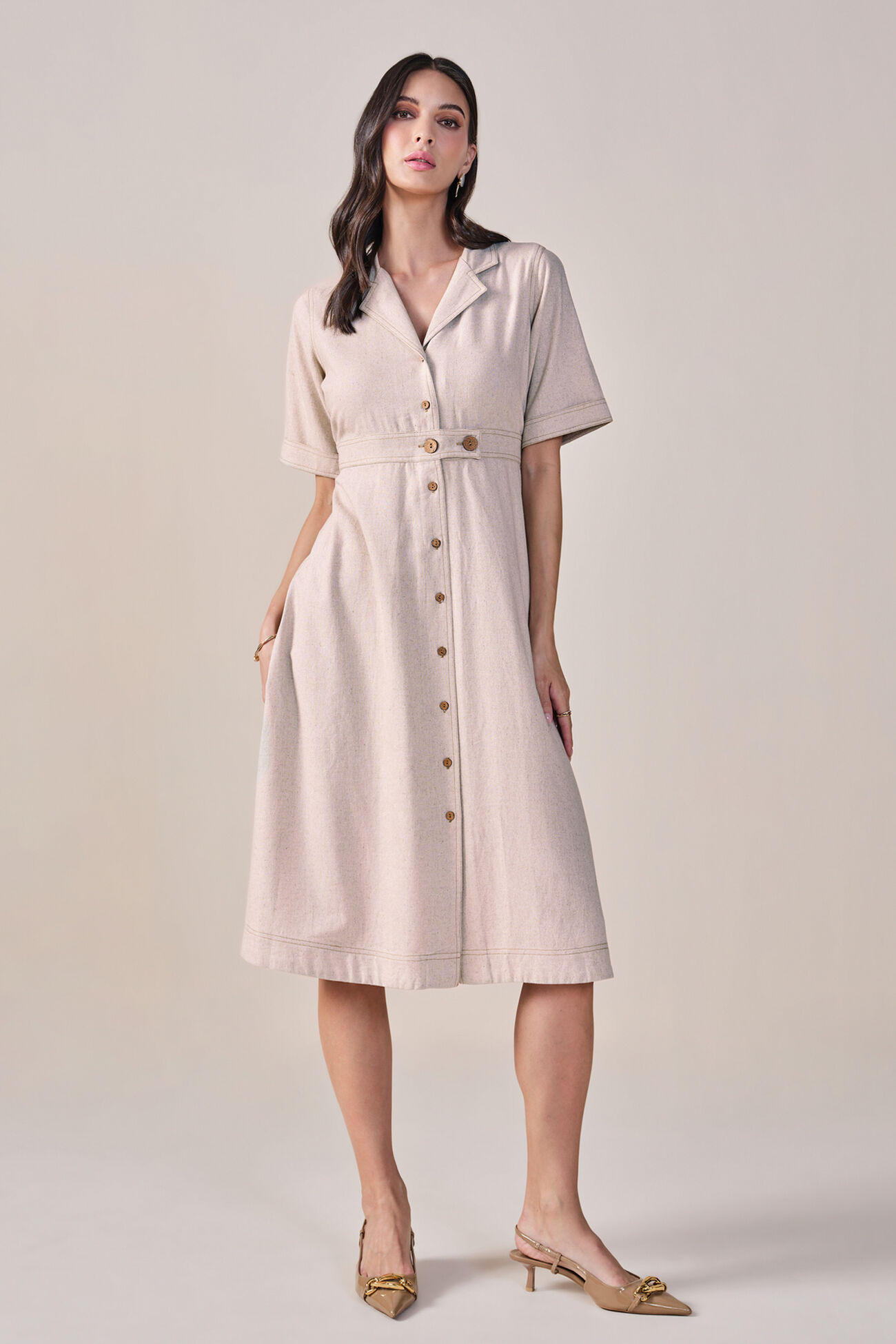 Urbanic Viscose Linen Blend Dress, Beige, image 1
