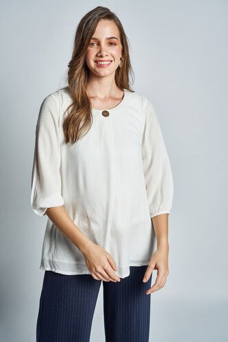 3 - White Pleated Round Neck Maternity Blouse Top, image 3