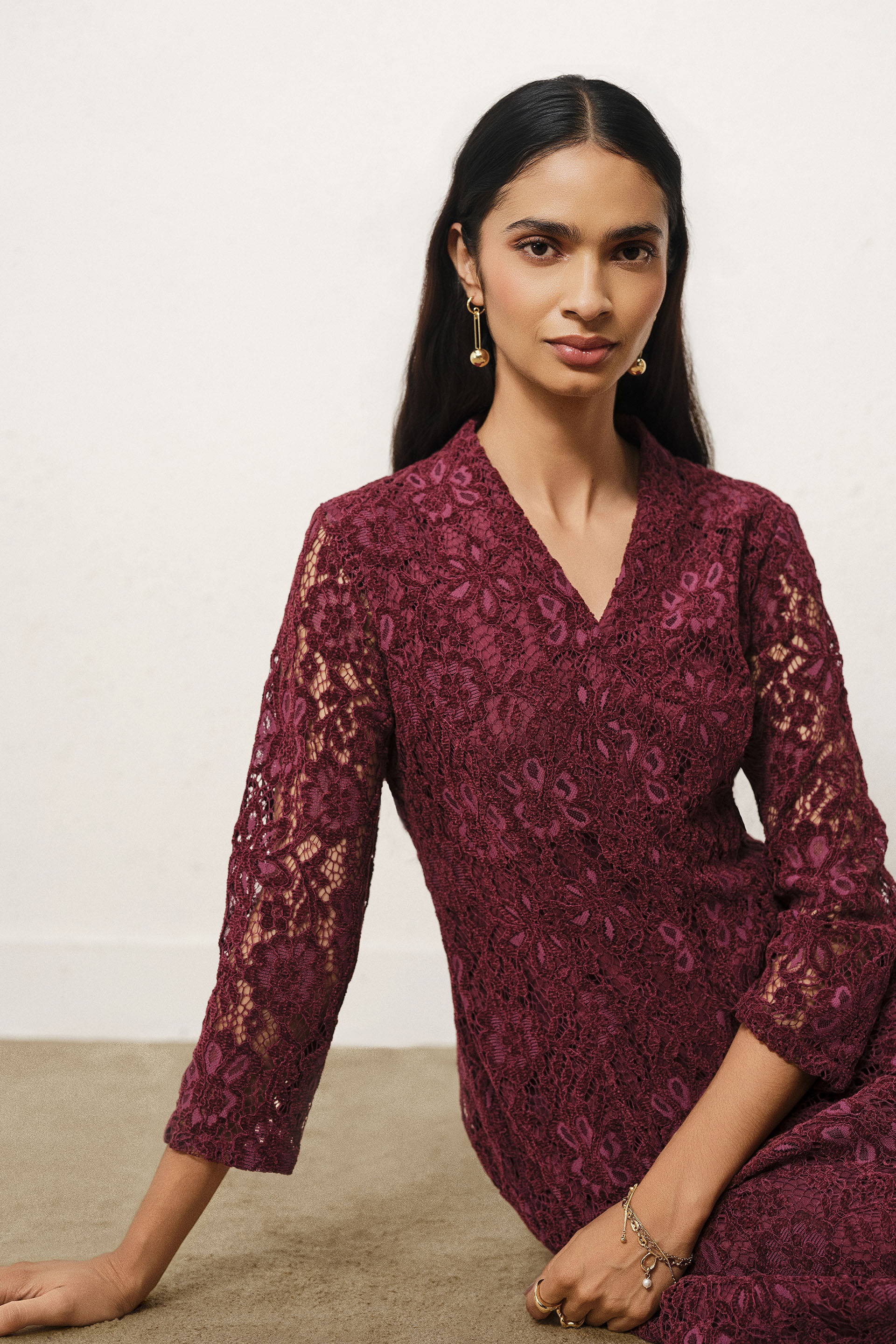 Lace Fit & Flare Dress in Wine, Wine, image 5