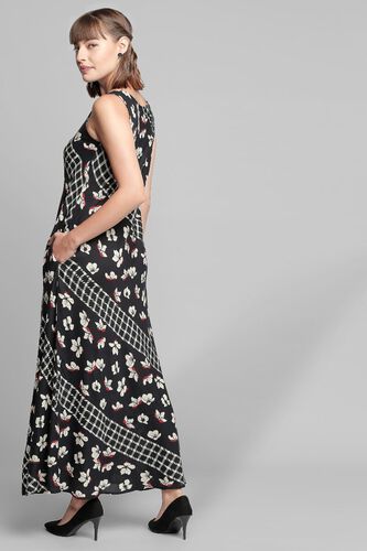 2 - Black Floral Round Neck Fit and Flare Sleeveless Gown, image 2