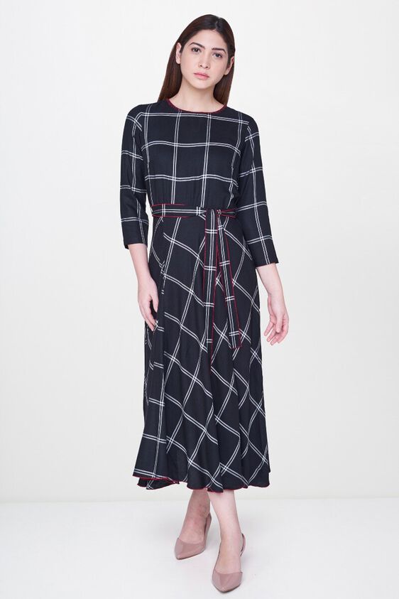 2 - Black Checks Waist Belt Fit and Flare Midi Dress, image 2