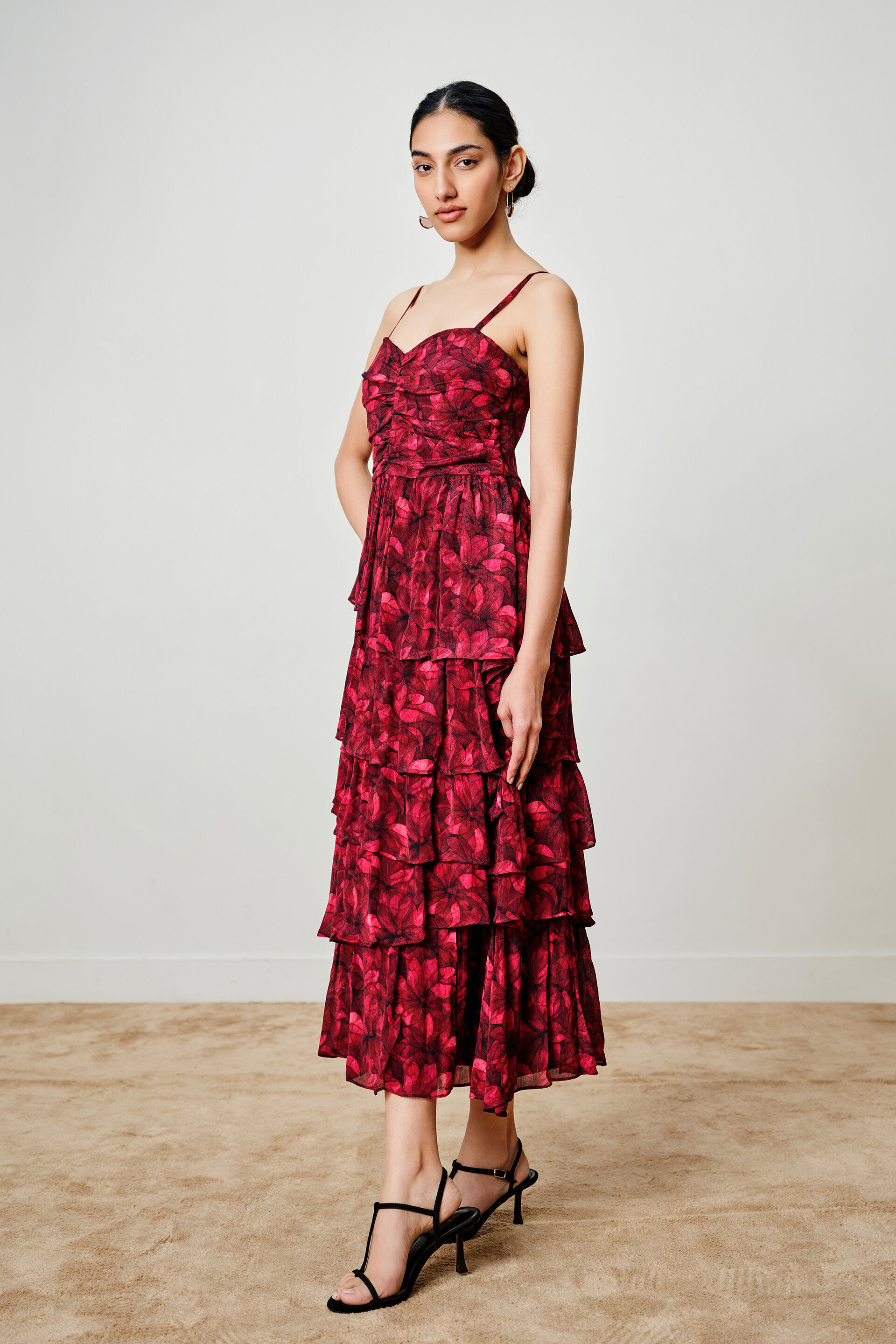 Melissa Printed Tiered Dress, Maroon, image 3