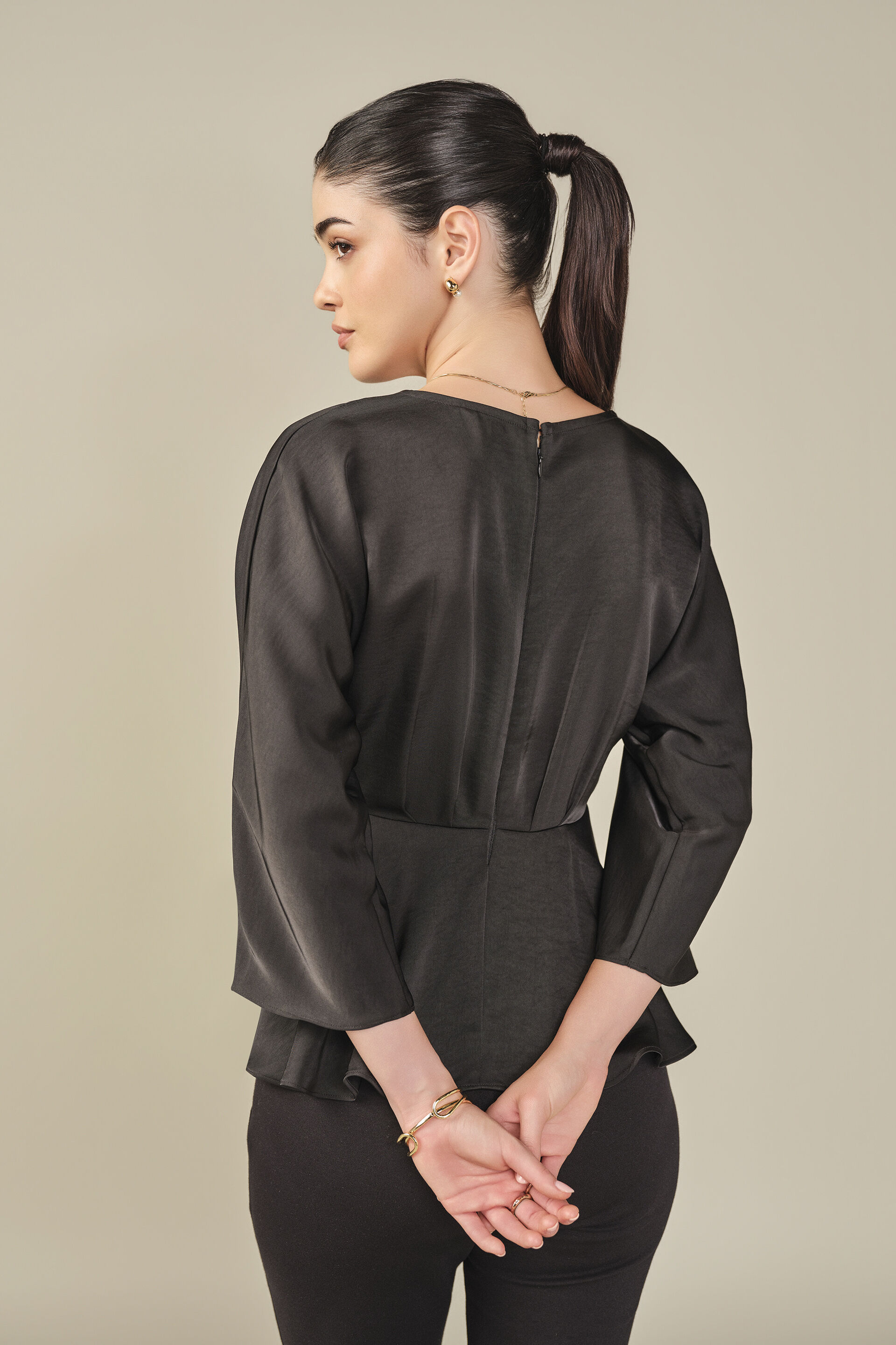 Fit & Flare Satin Top in Black, Black, image 6