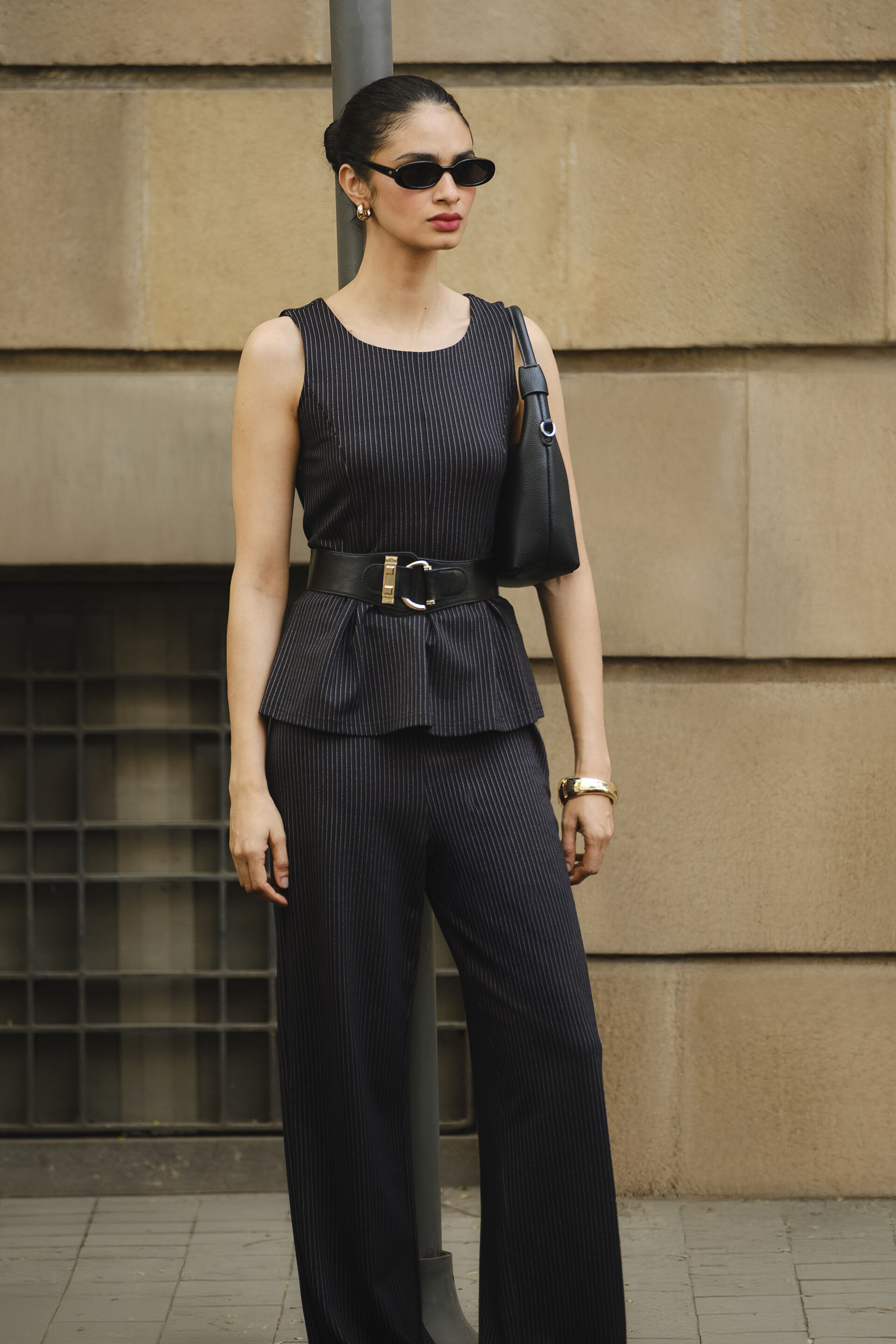 Black Pinstripe Peplum Top, Black, image 4