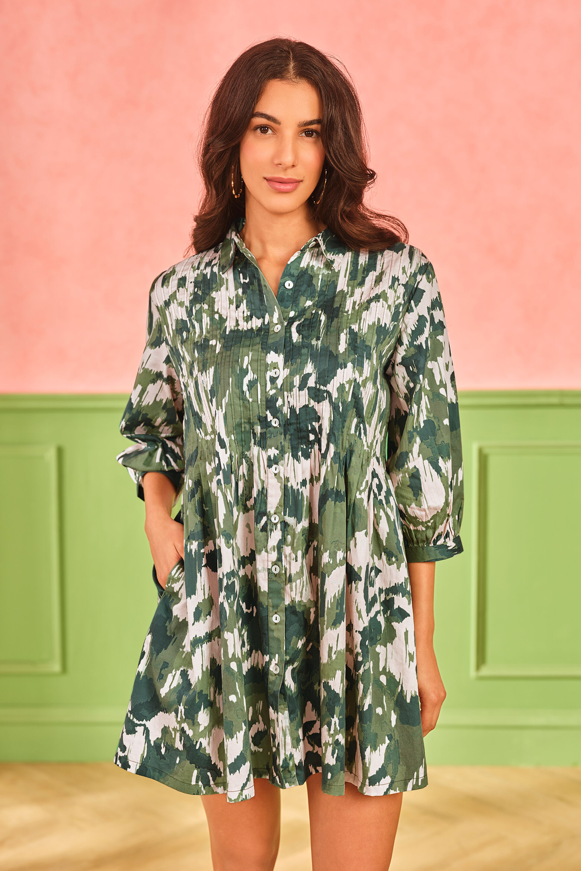 Forest Tapestry Cotton Shirt Dress, Olive, image 6