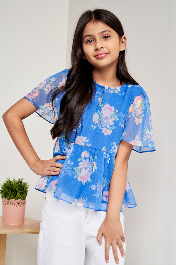 Blue Floral Flared Top, Blue, image 1