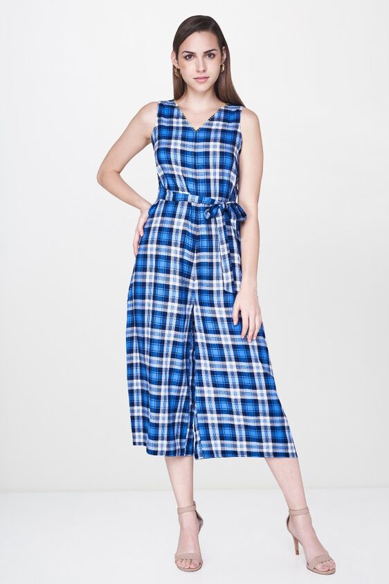 1 - Navy Checks Tie-Ups V-Neck Sleeveless Jumpsuit, image 1