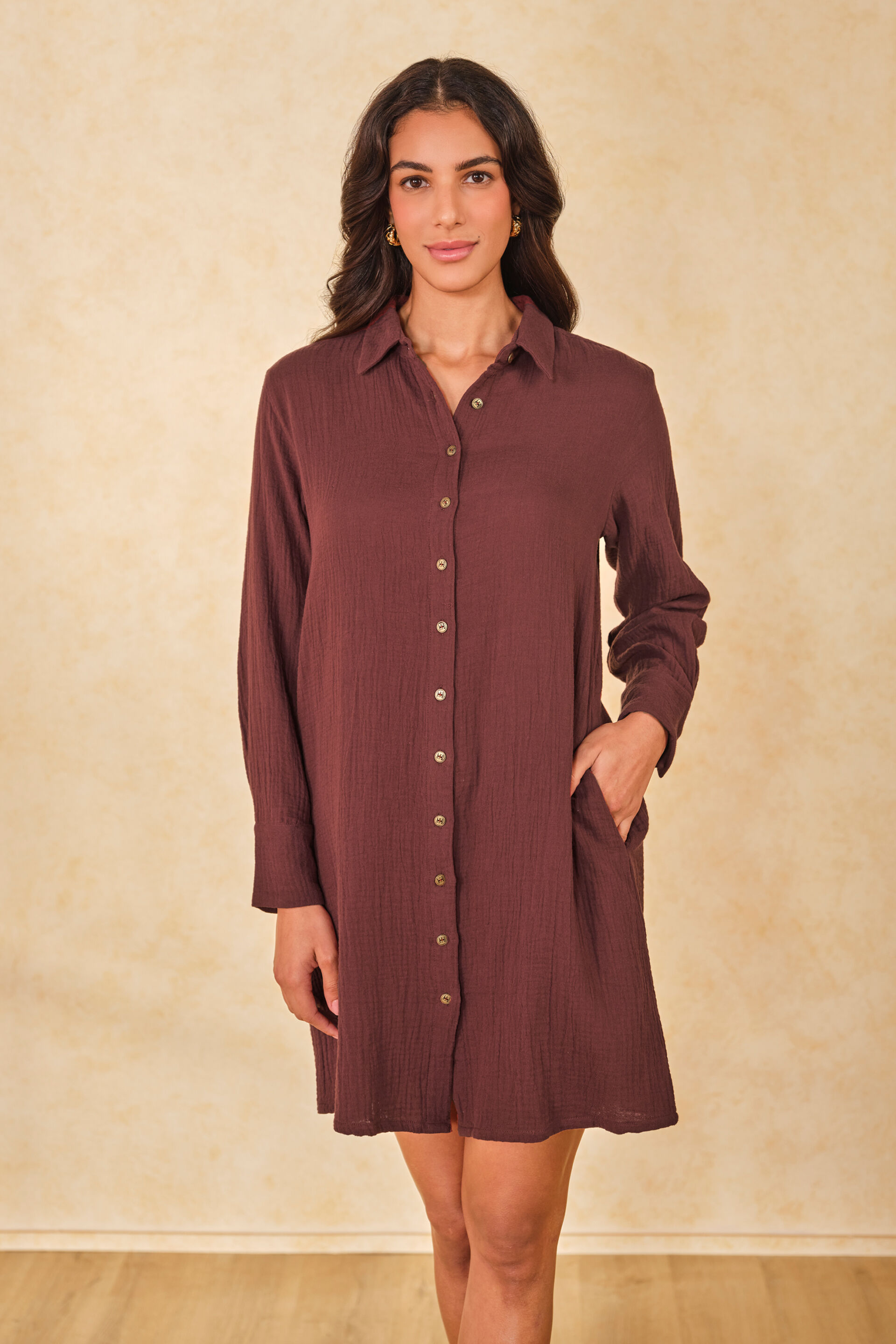 Cocoa Flutter Cotton Shirt Dress, Brown, image 5