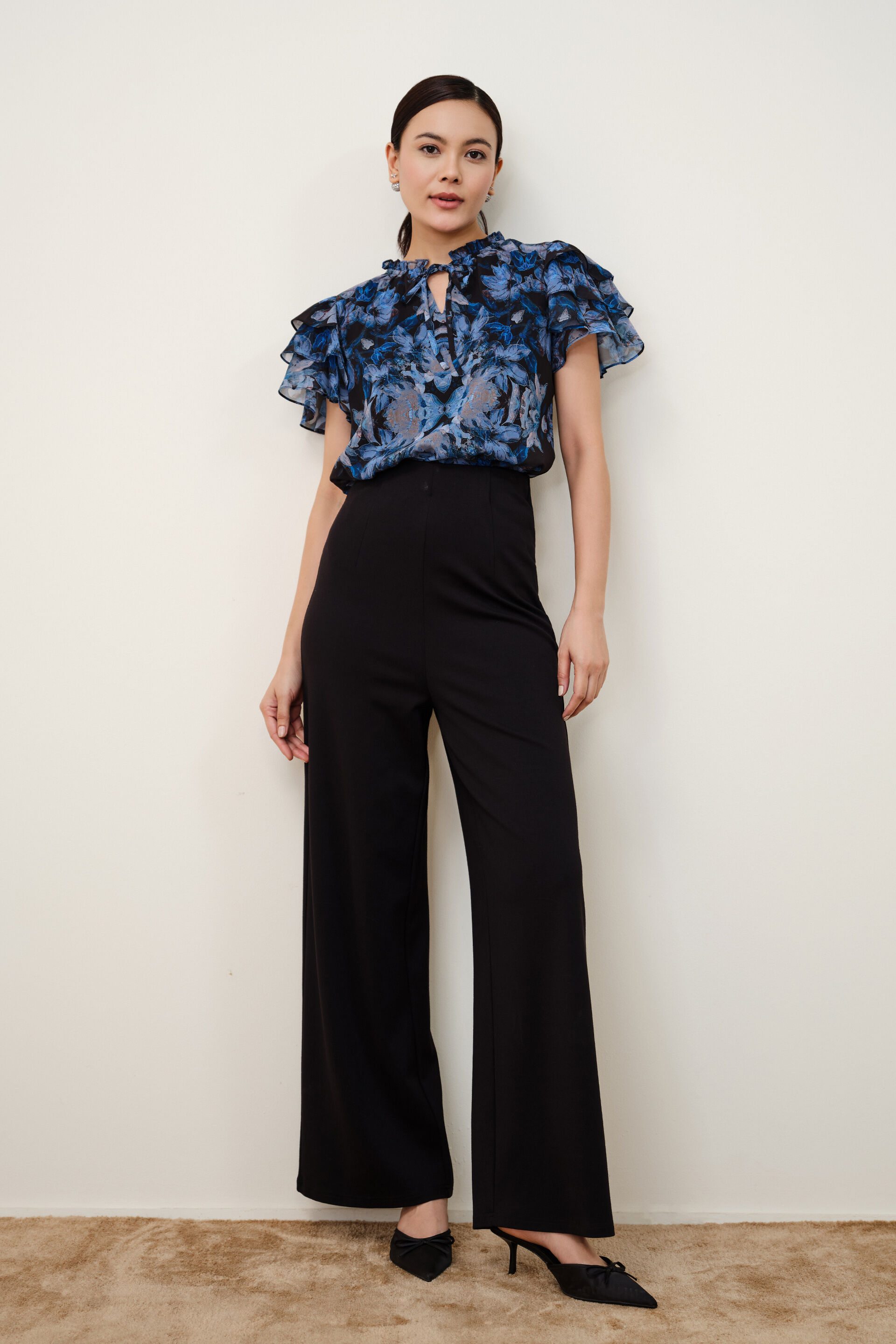 Arein High Neck Ruffle Sleeves Top, Blue, image 4