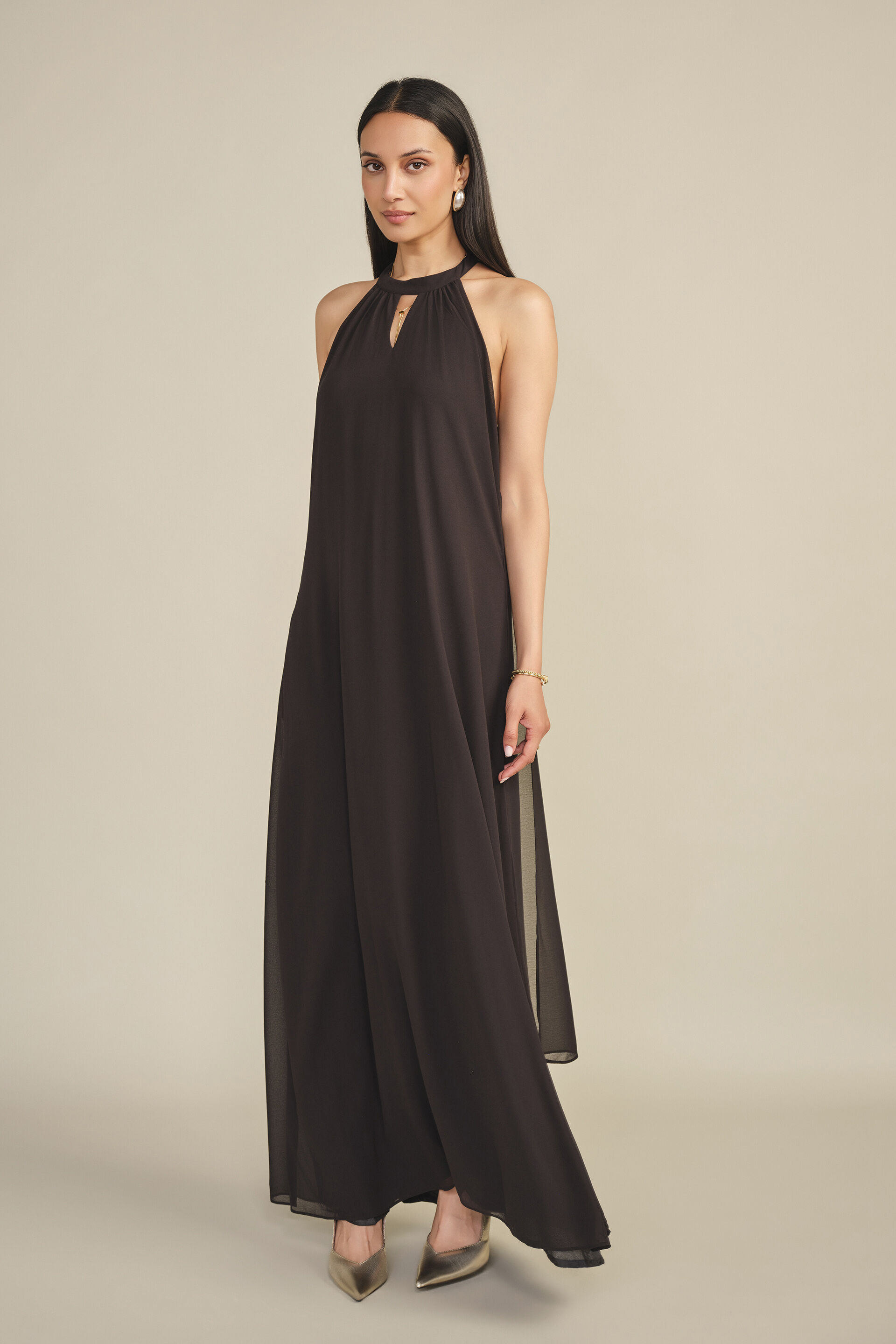Halter Neck A-line Maxi Dress in Black