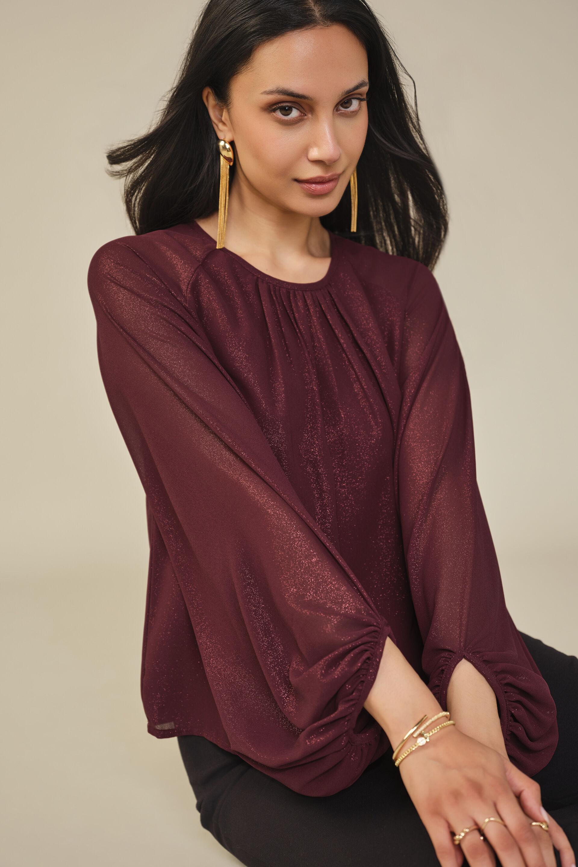 Voluminous Sheer Sleeve Top in Wine, Wine, image 4
