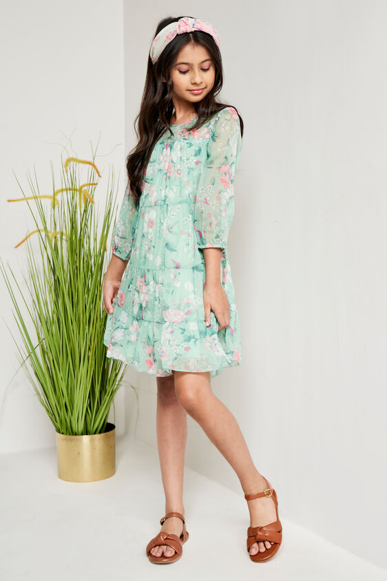 Green Floral Flared Dress, Green, image 3