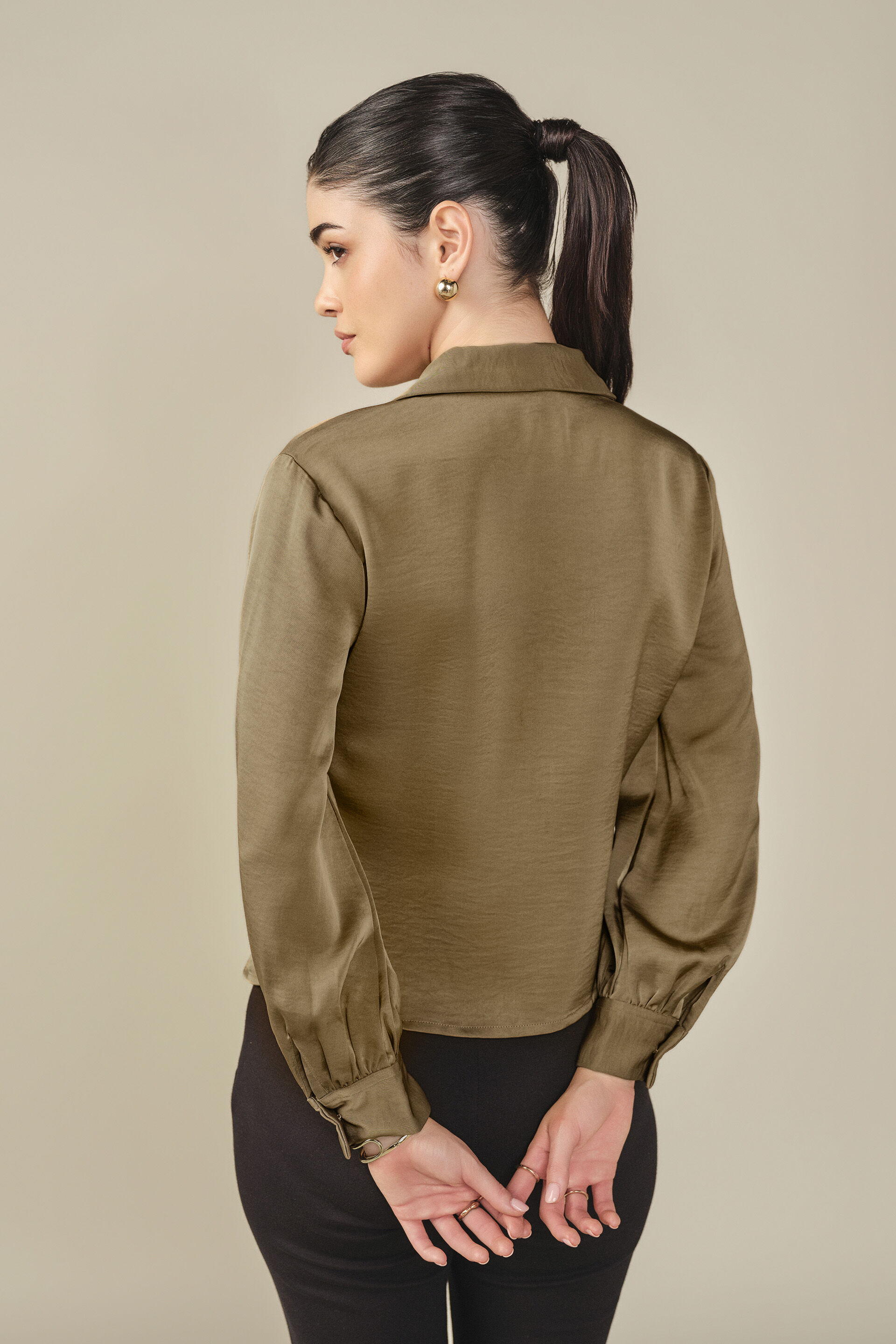 Knot Detail Satin Shirt in Tan, Tan, image 5