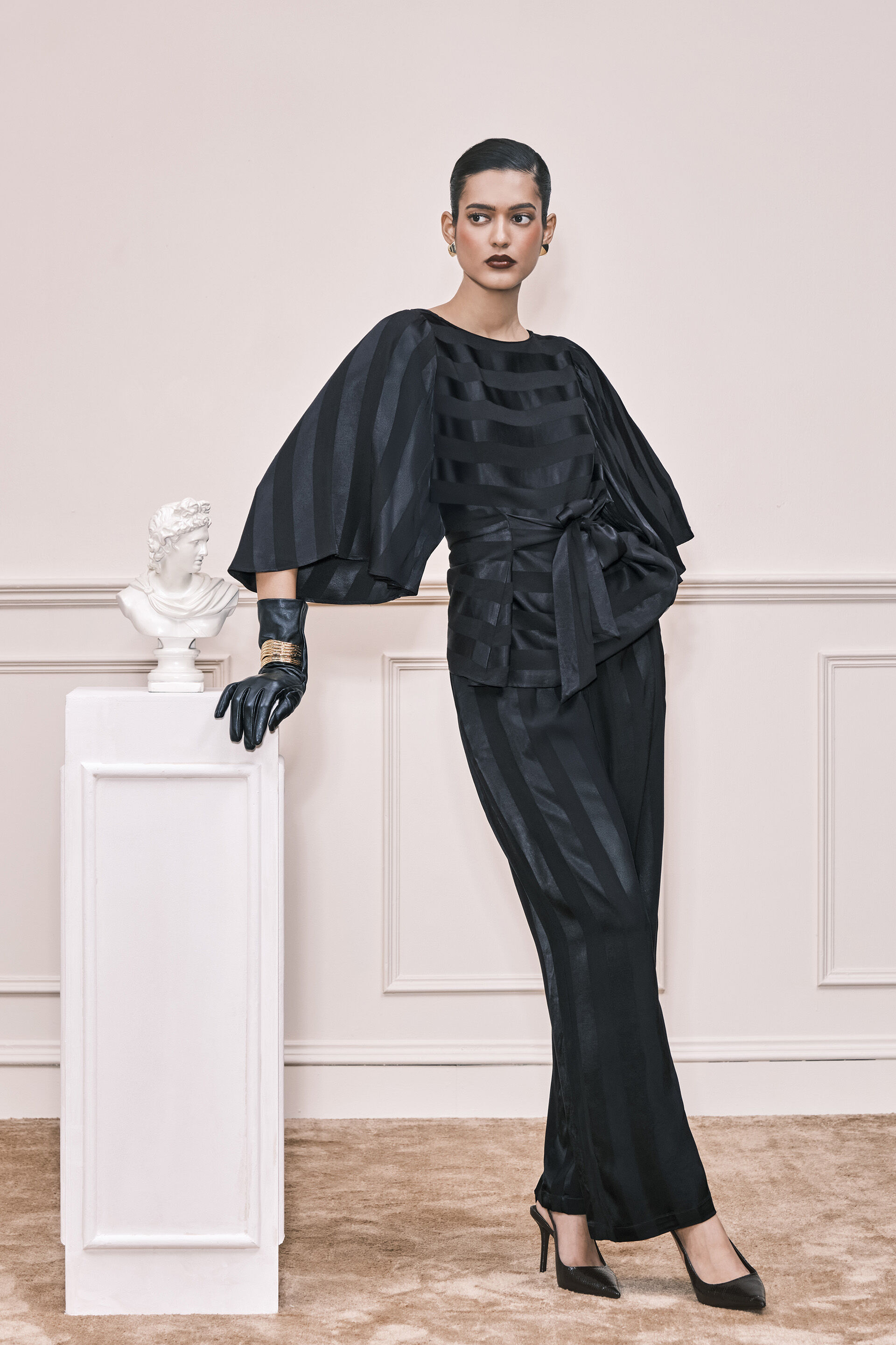 Stripes in Stack Satin Co-ord Set, Black, image 2