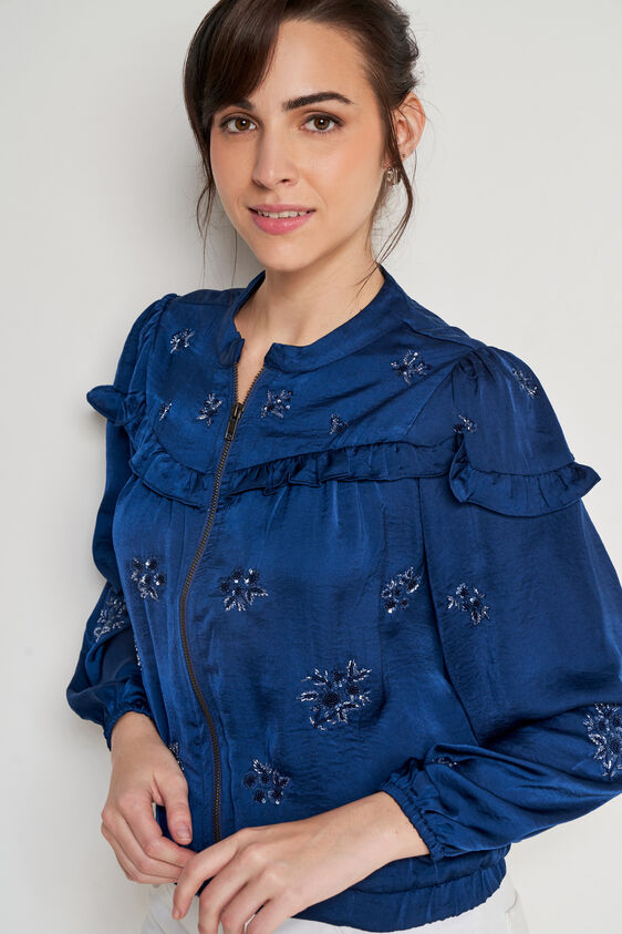 Blue Solid Mandarin Collar Jacket, Blue, image 6